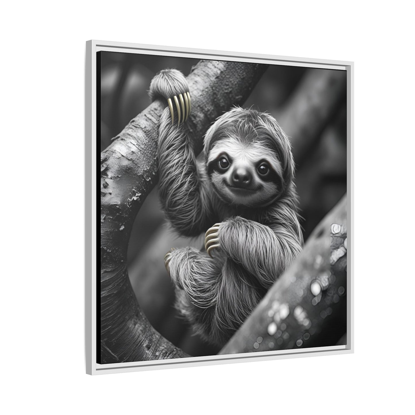 Smiling Sloth Hanging on Tree Branch Wall Art on Framed Canvas, Sloth Lover Gift, Nursery Decor, Wildlife Artwork