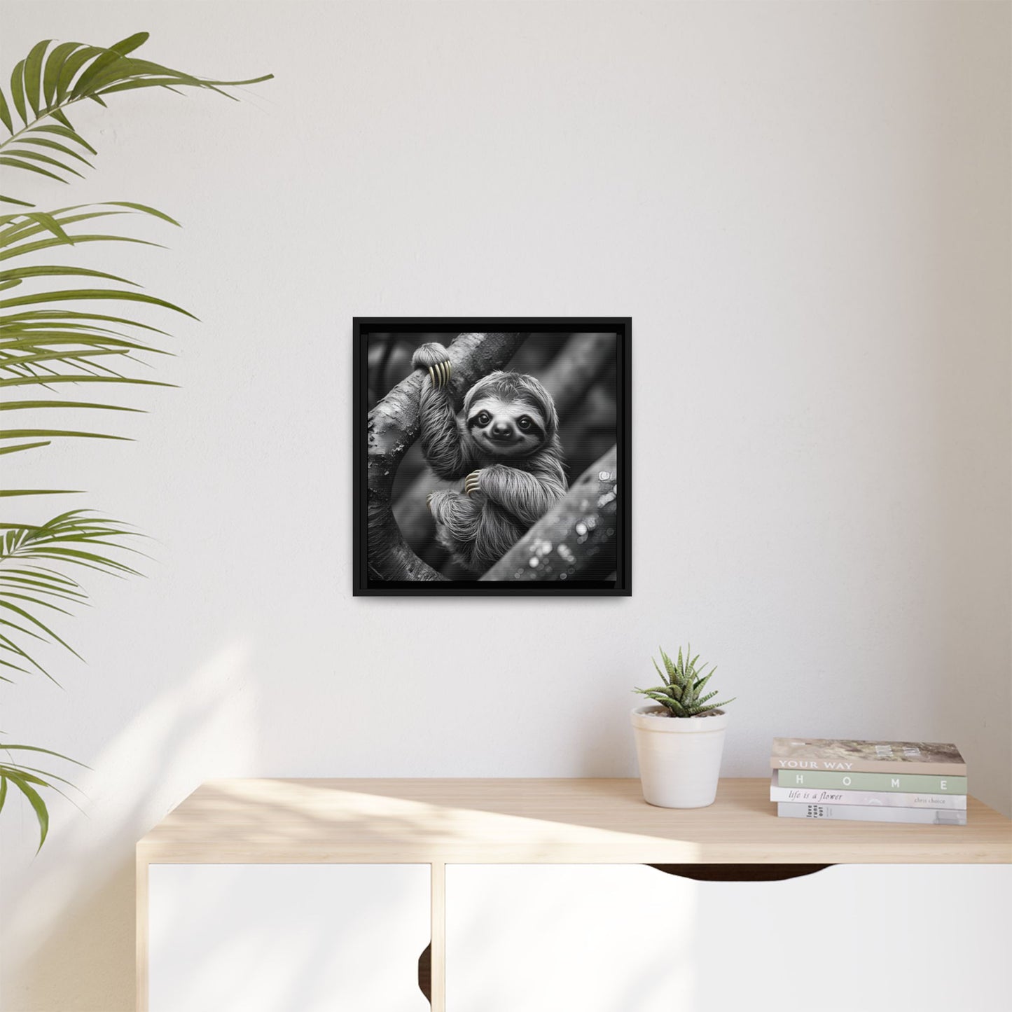Smiling Sloth Hanging on Tree Branch Wall Art on Framed Canvas, Sloth Lover Gift, Nursery Decor, Wildlife Artwork