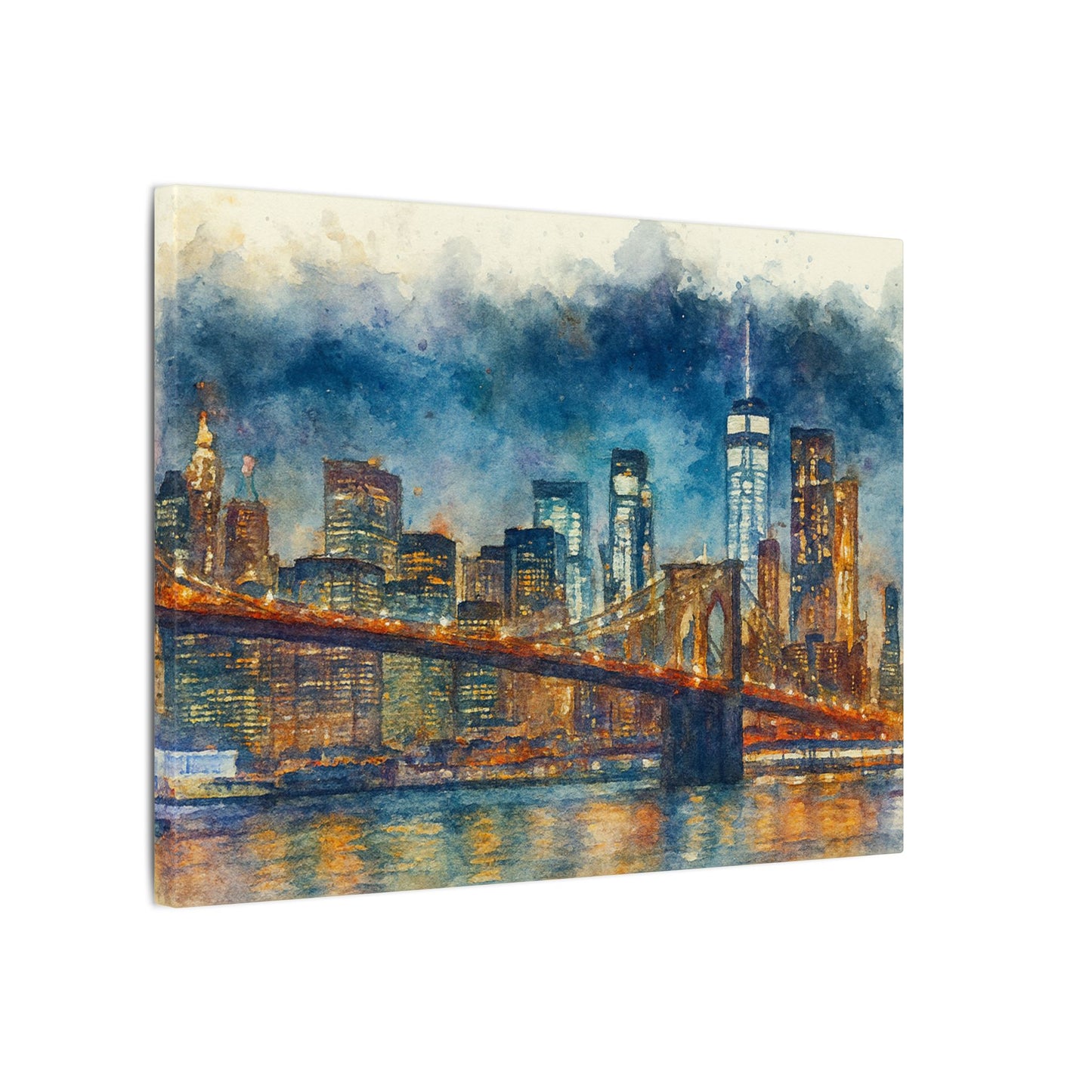 NYC Skyline Watercolor Art Print, Brooklyn Bridge Night Painting, New York City Wall Decor, Skyline Canvas Print, Urban Landscape