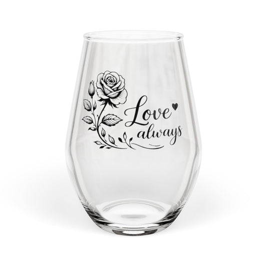 Clear glass with a rose and 'Love always' text on a white background