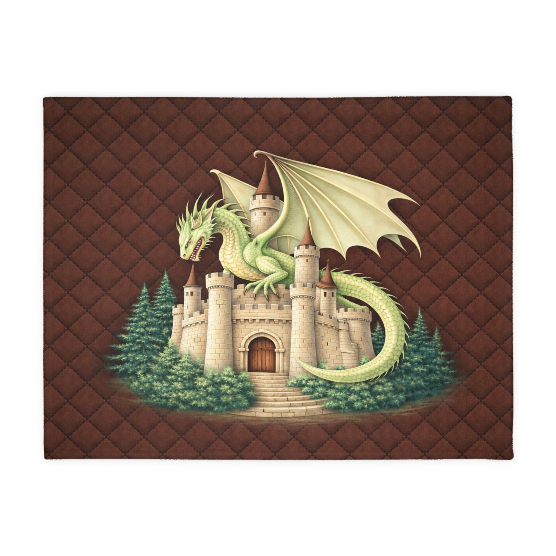 Quilt with a dragon and castle design on a brown quilted background