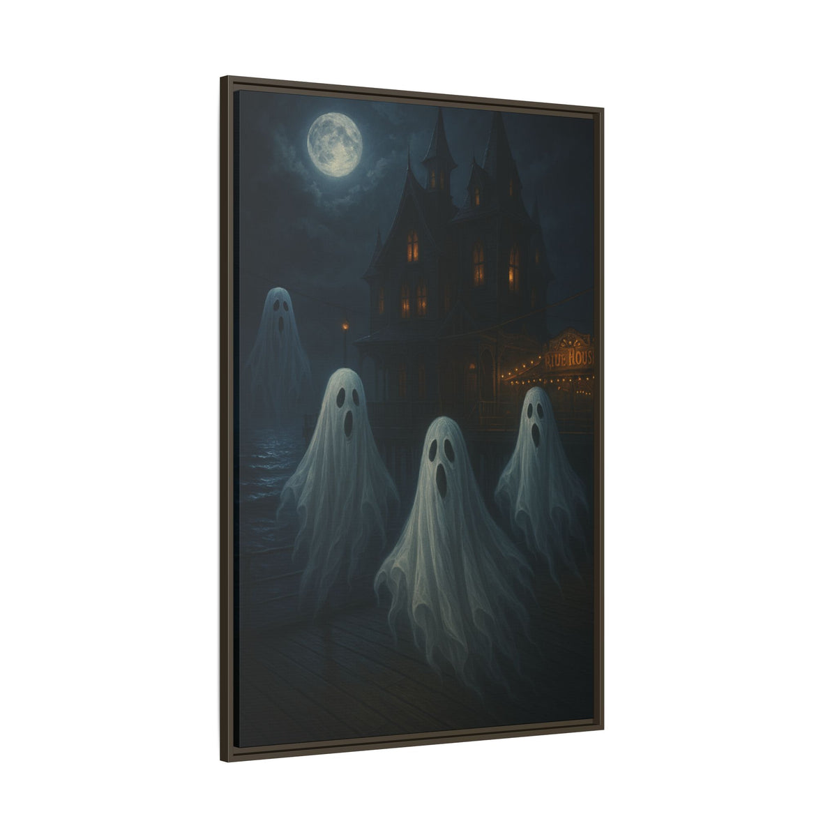 Haunted House Ghost Canvas Wall Art – Spooky Halloween Framed Art, Vintage Horror Decor, Gothic Night Scene Print
