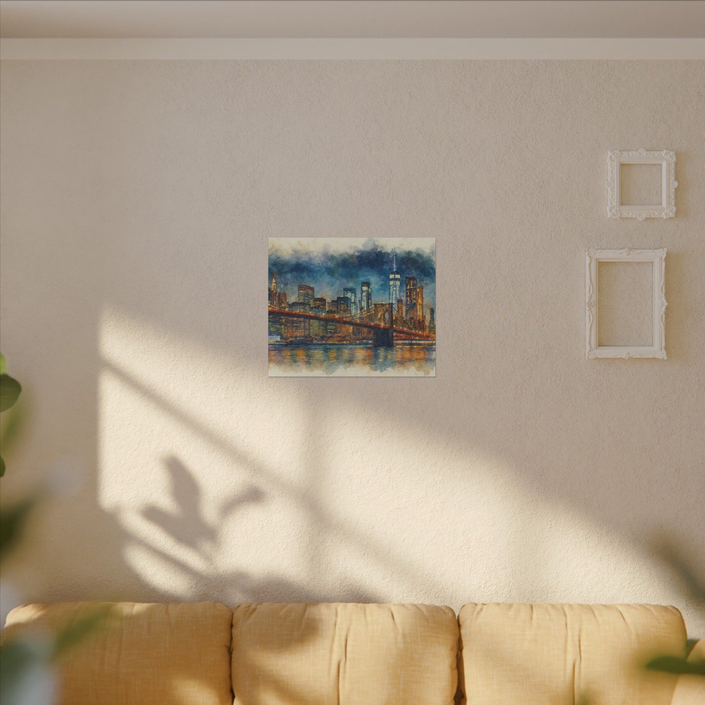 NYC Skyline Watercolor Art Print, Brooklyn Bridge Night Painting, New York City Wall Decor, Skyline Canvas Print, Urban Landscape