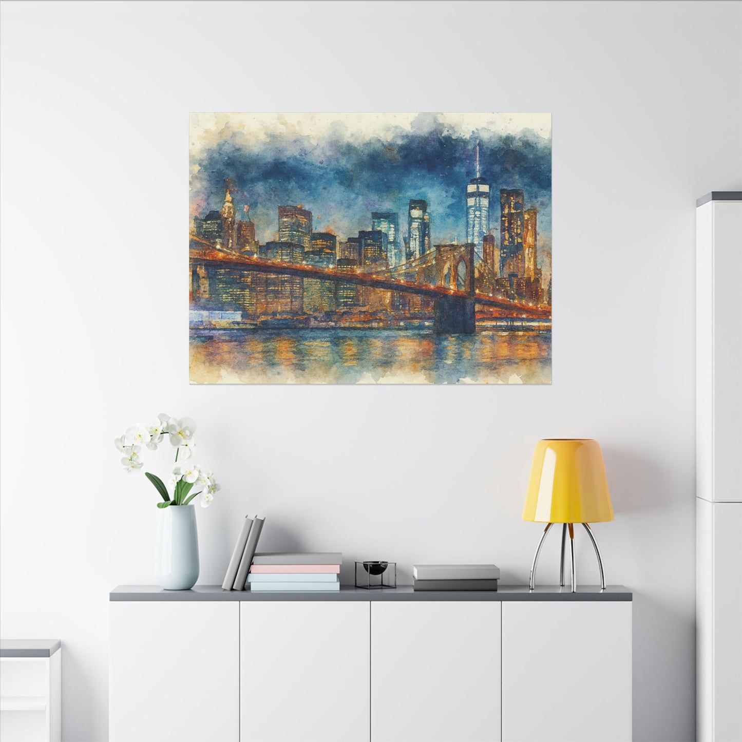 NYC Skyline Watercolor Art Print, Brooklyn Bridge Night Painting, New York City Wall Decor, Skyline Canvas Print, Urban Landscape