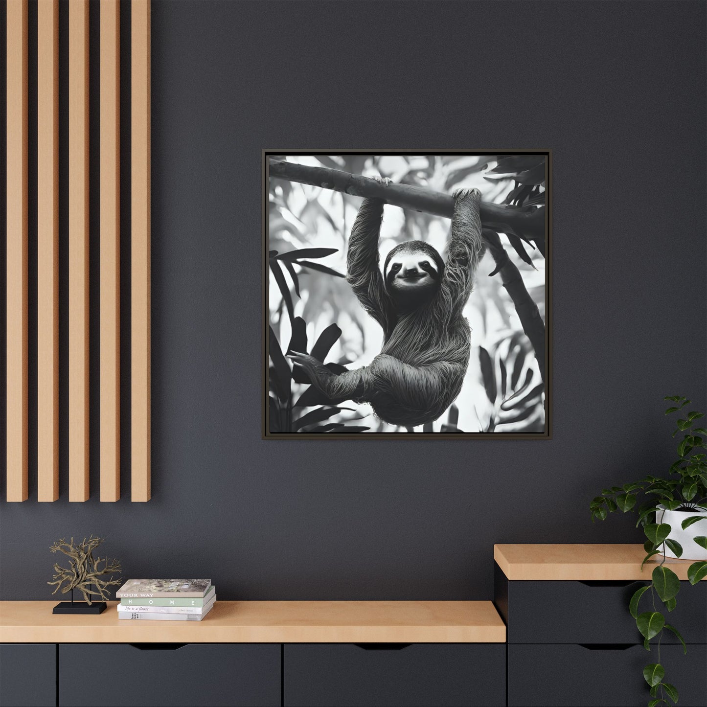 Playful Sloth Hanging from Tree Branch Black & White Animal Wall Art, Cute Sloth Photography Print, Jungle Theme Home Deco