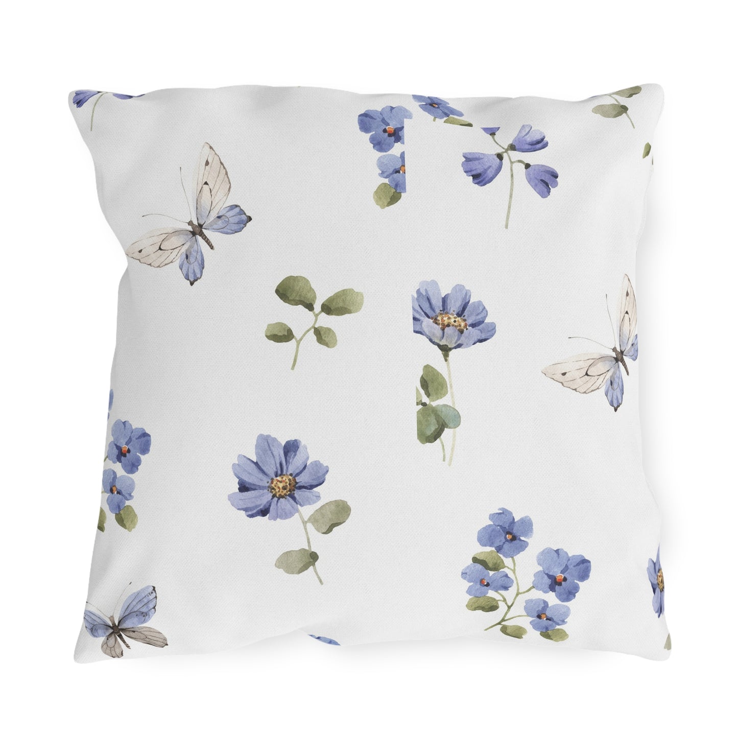 Butterfly & Blue Flower Outdoor Throw Pillow | Spring Garden Patio Cushion