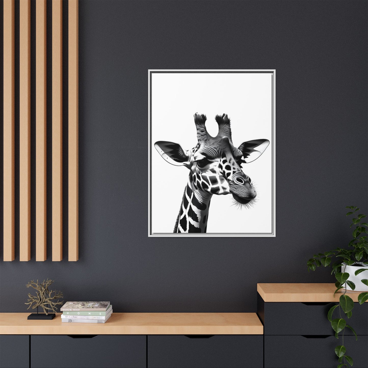 Black and White Giraffe Wall Art – Framed Safari Animal Canvas Print