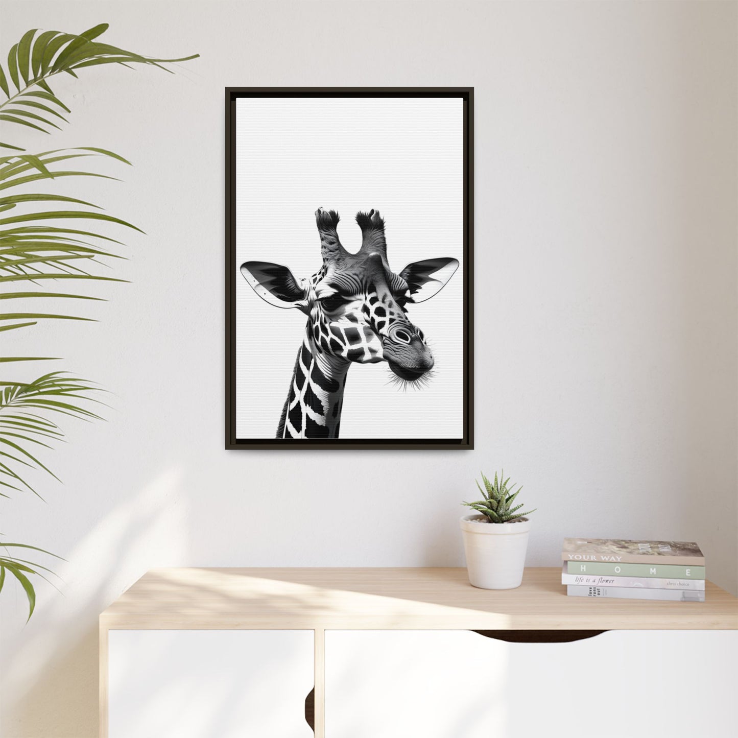 Black and White Giraffe Wall Art – Framed Safari Animal Canvas Print