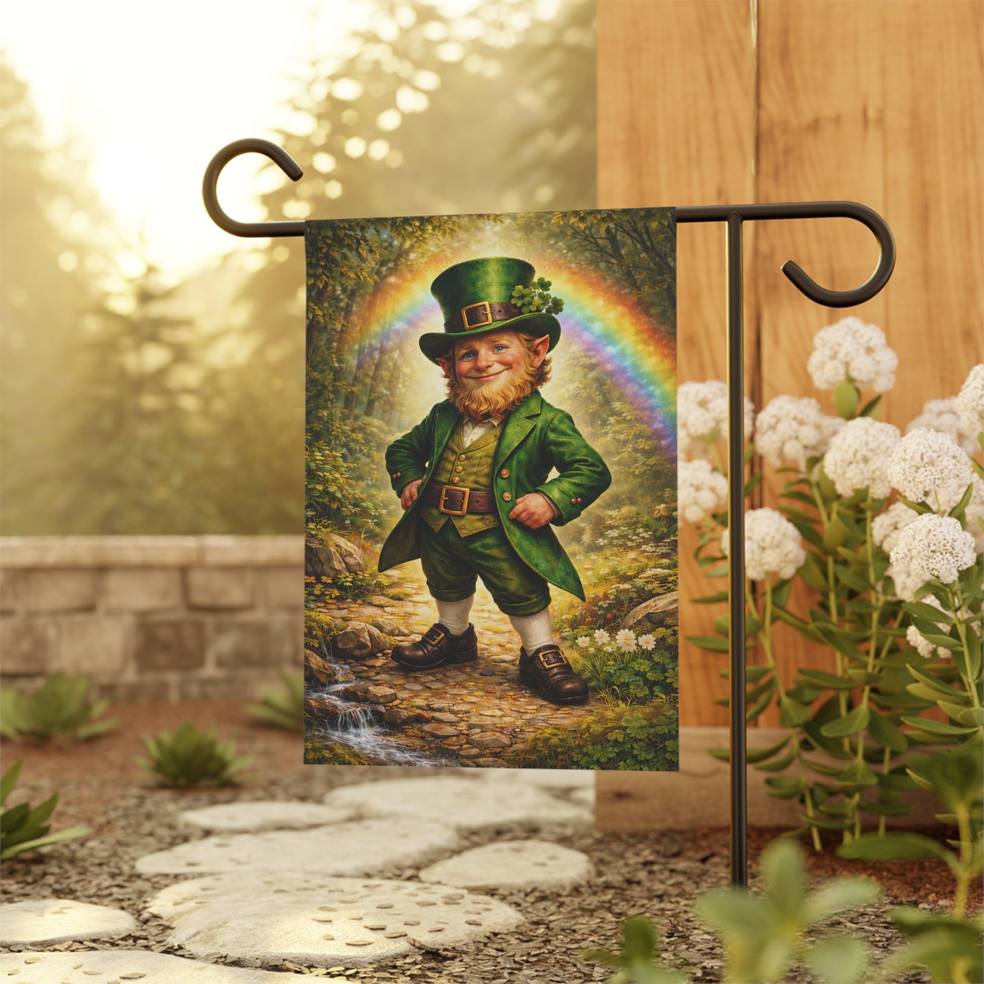 Garden flag with a leprechaun design featuring a rainbow, held by a metal flagpole against a natural background.