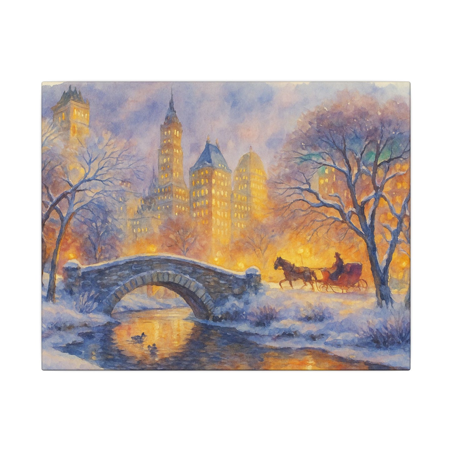 Winter scene with a snowy landscape, bridge, and horse-drawn carriage in front of illuminated buildings.