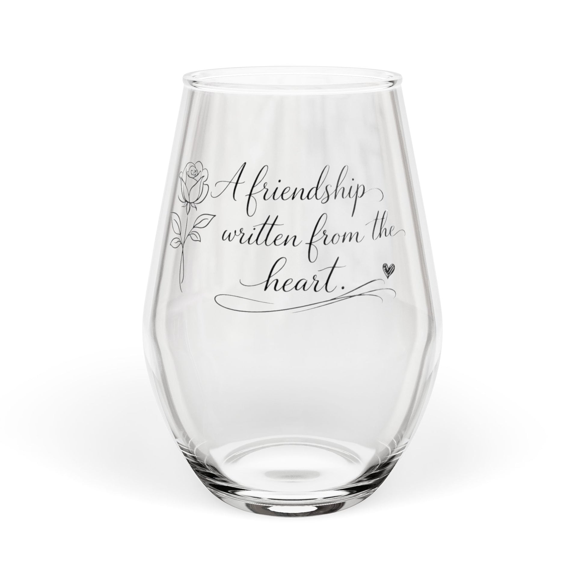 Clear glass with engraved text 'A friendship written from the heart' on a white background