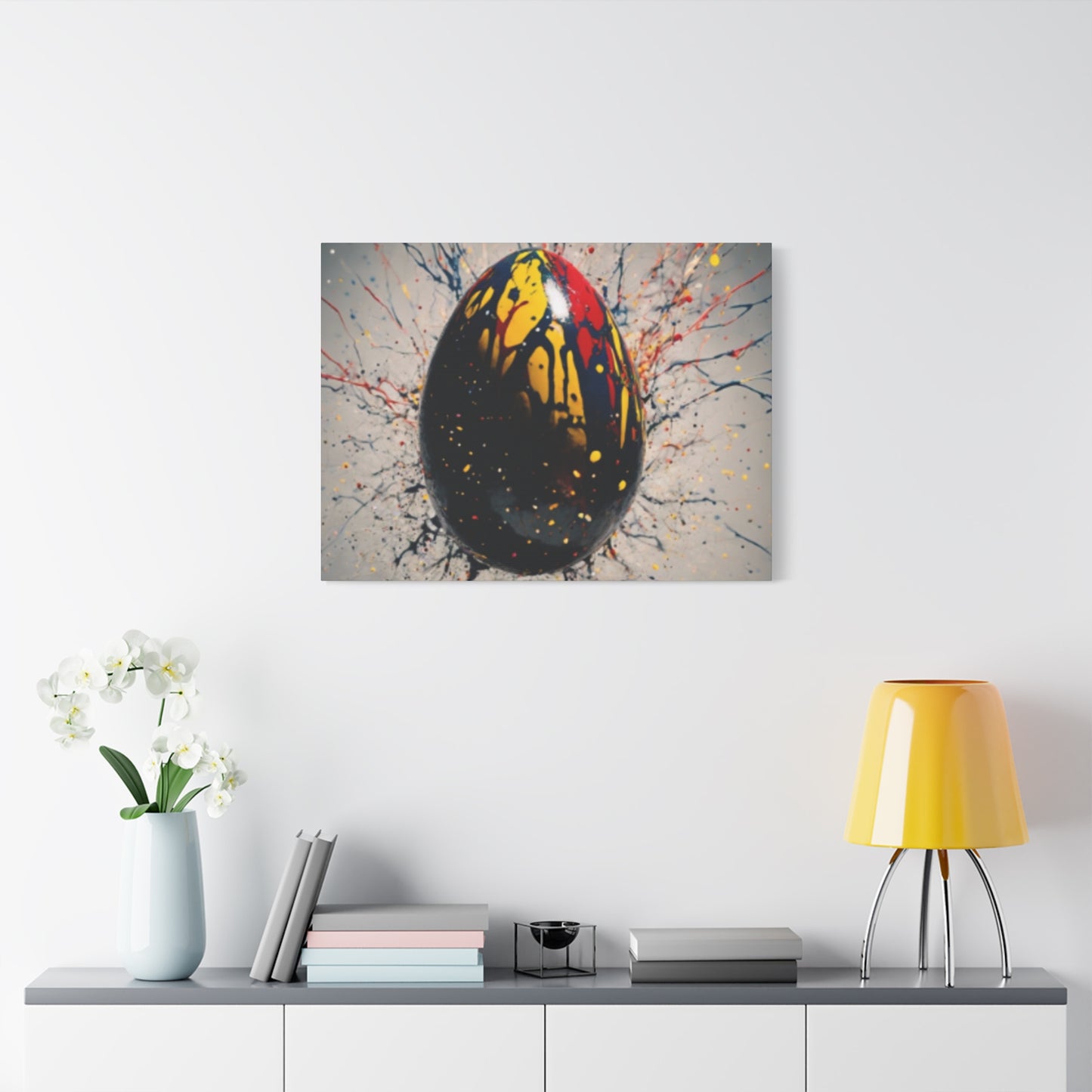 Vibrantly Painted Egg on Canvas | Abstract Paint Splatter Art I Easter Egg Art