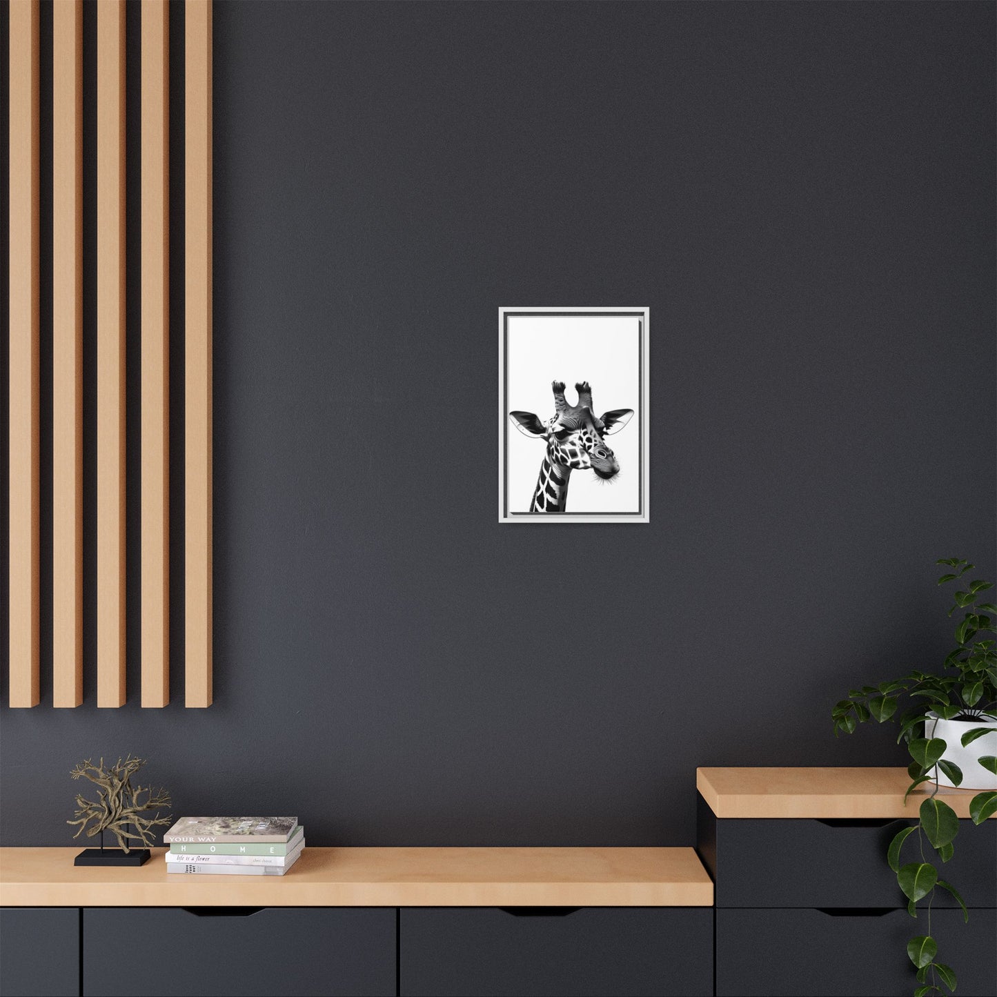 Black and White Giraffe Wall Art – Framed Safari Animal Canvas Print