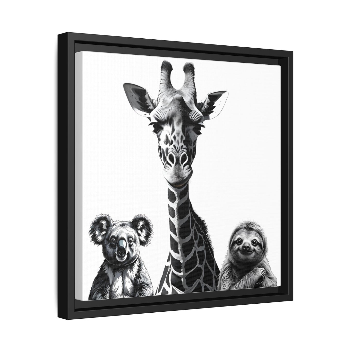 Framed artwork of a giraffe, koala, and sloth on a white background