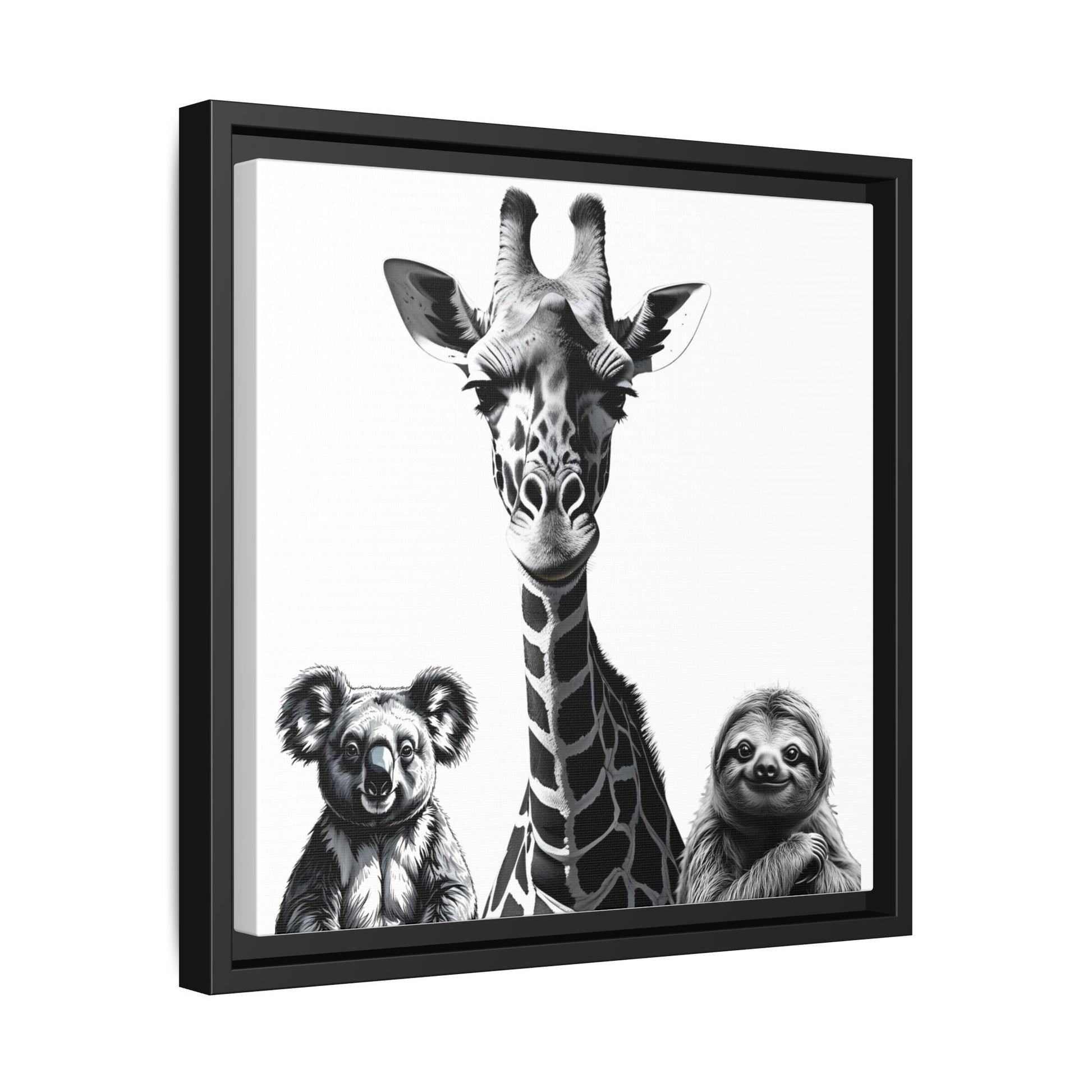 Framed artwork of a giraffe, koala, and sloth on a white background