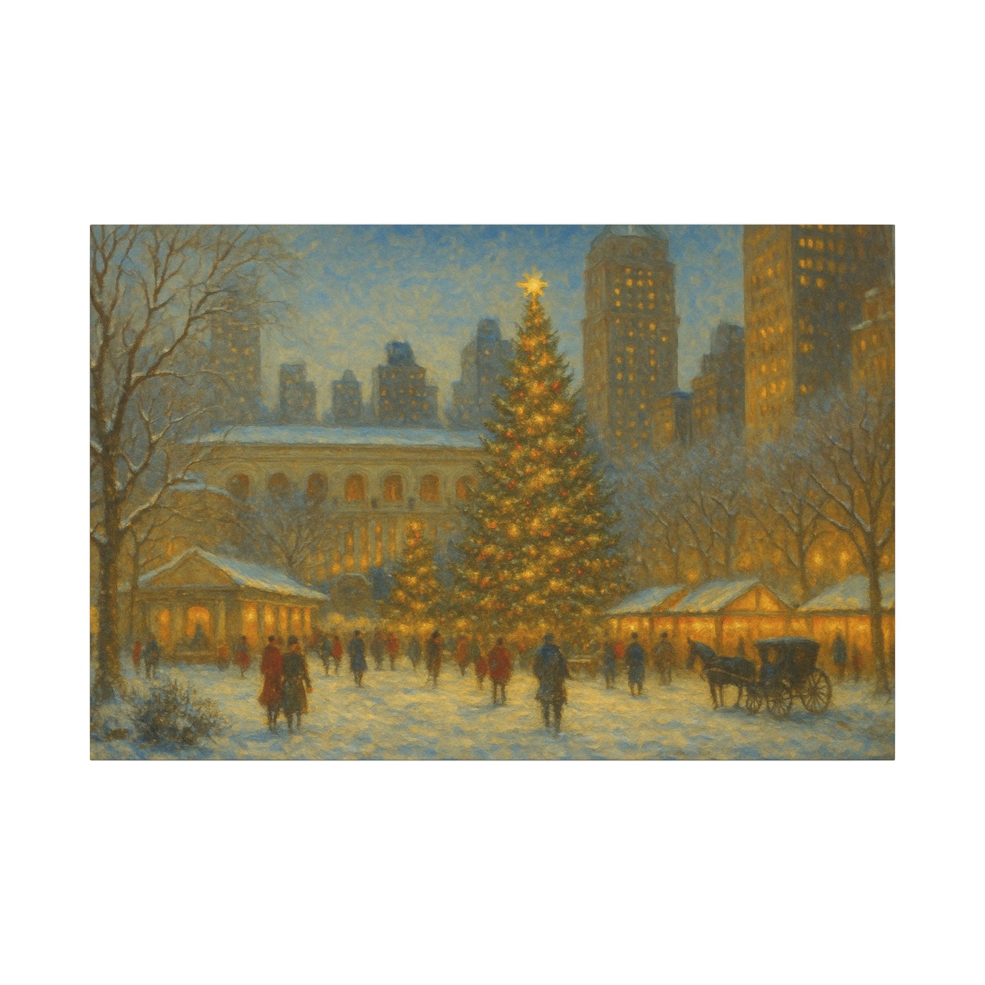 Winter scene with a large decorated Christmas tree in an urban setting.
