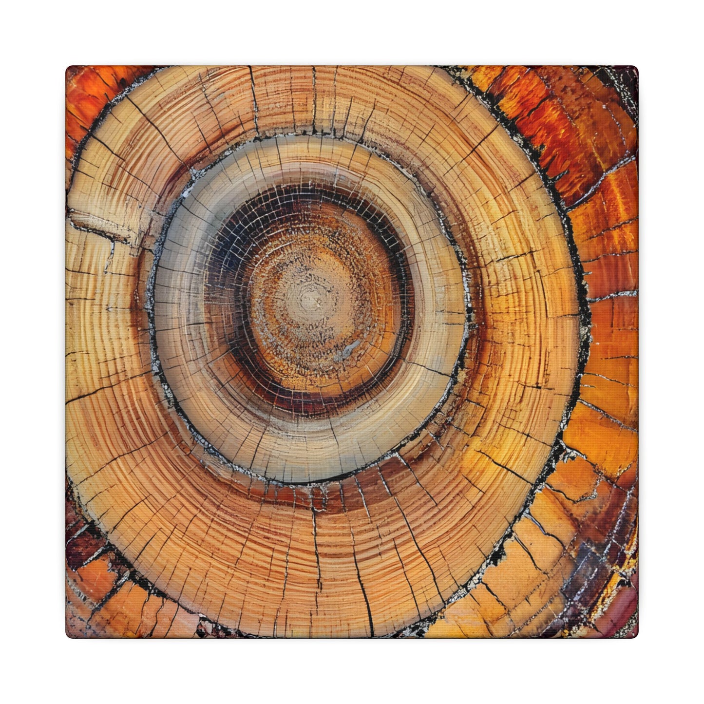 Close-up of a tree trunk cross-section showing annual rings on a white background