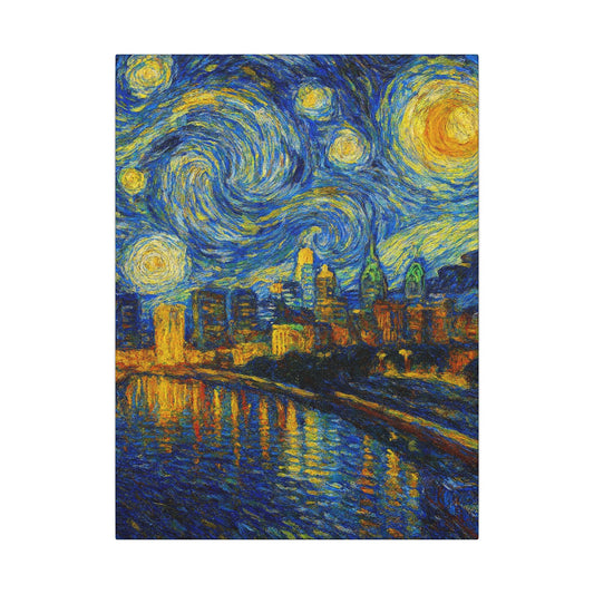 Starry night cityscape with swirling stars and reflections on water