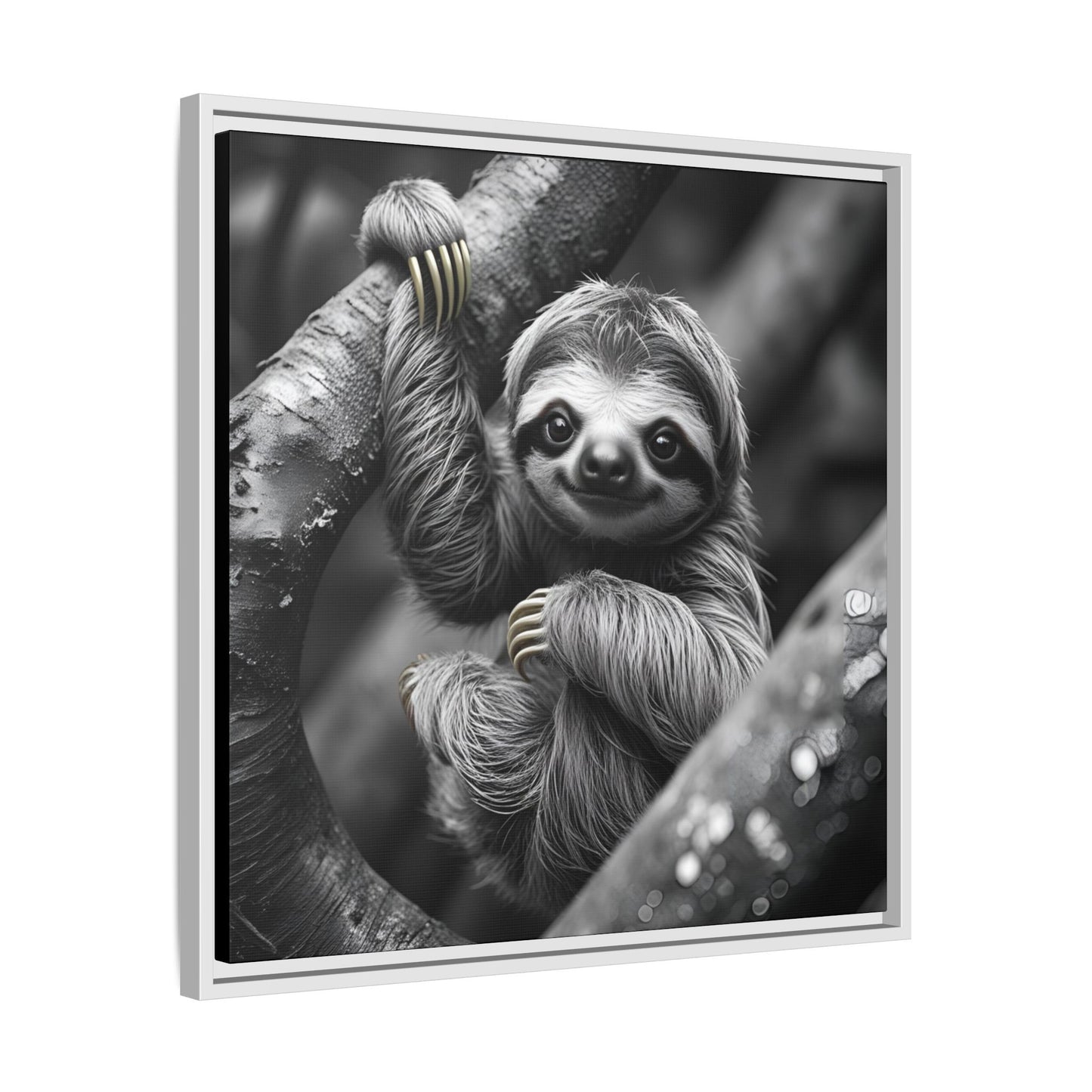 Smiling Sloth Hanging on Tree Branch Wall Art on Framed Canvas, Sloth Lover Gift, Nursery Decor, Wildlife Artwork