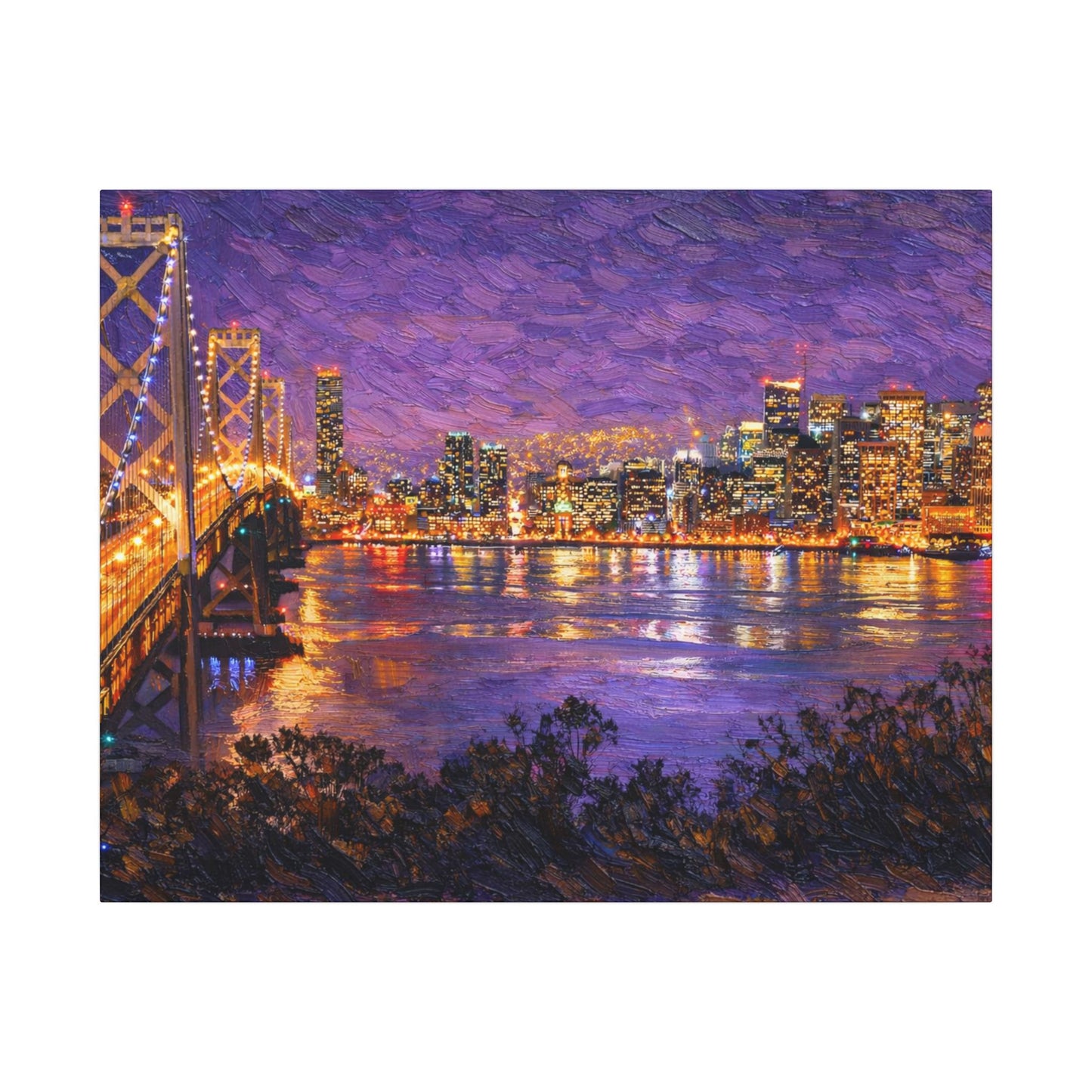 San Francisco Skyline Canvas Wall Art, Bay Bridge Night Painting, Impasto Style Artwork