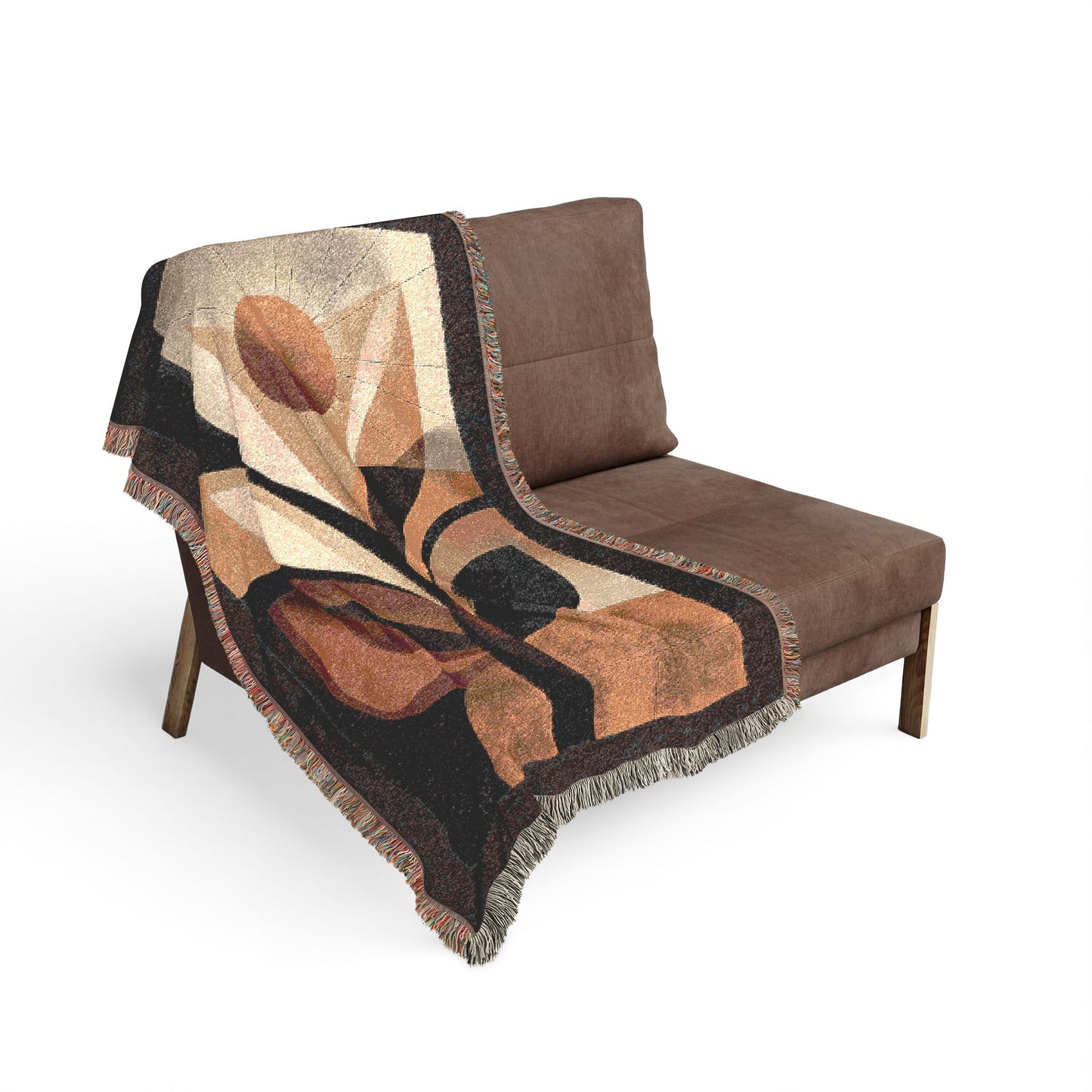 Brown chair with a patterned blanket draped over it on a white background
