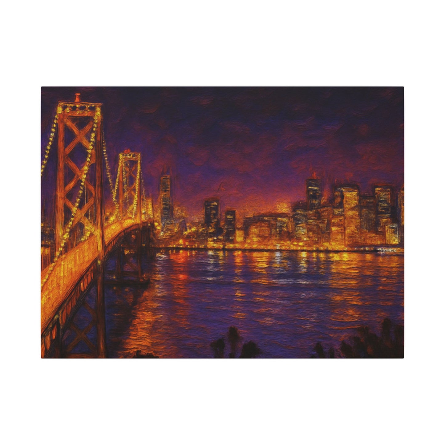 City skyline with a bridge at night, illuminated by lights.