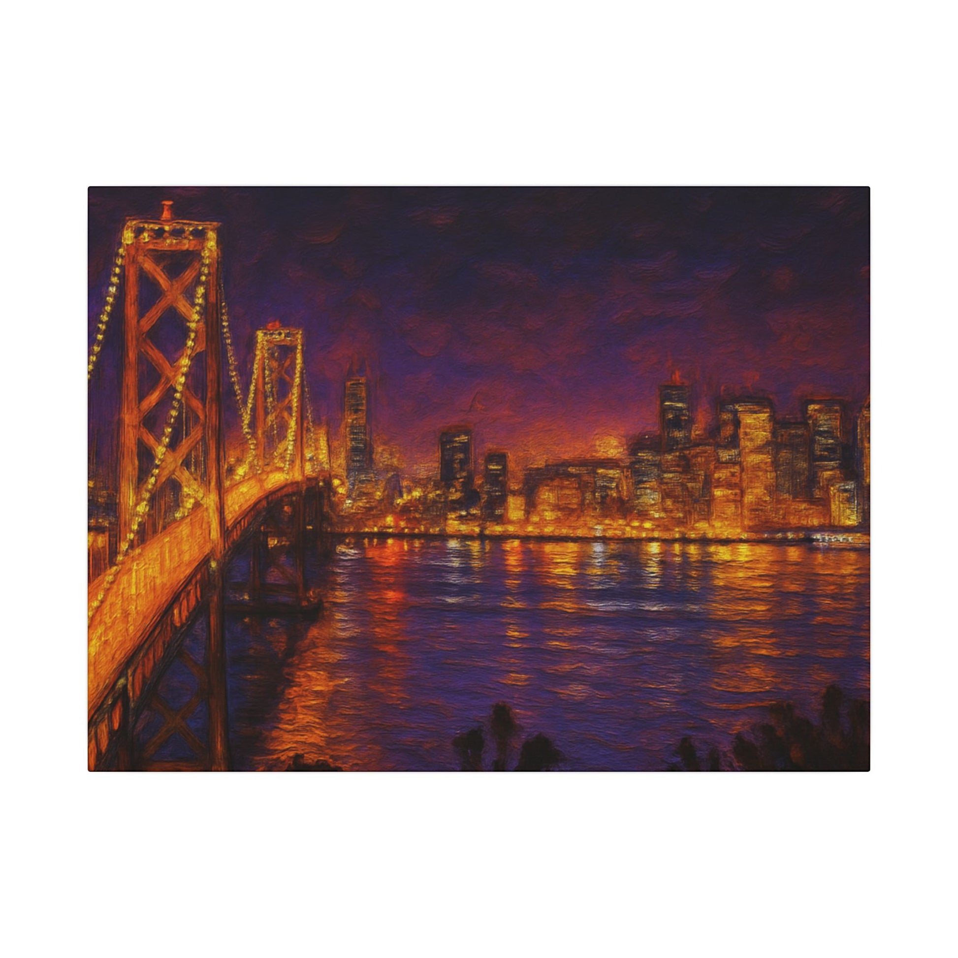 City skyline with a bridge at night, illuminated by lights.
