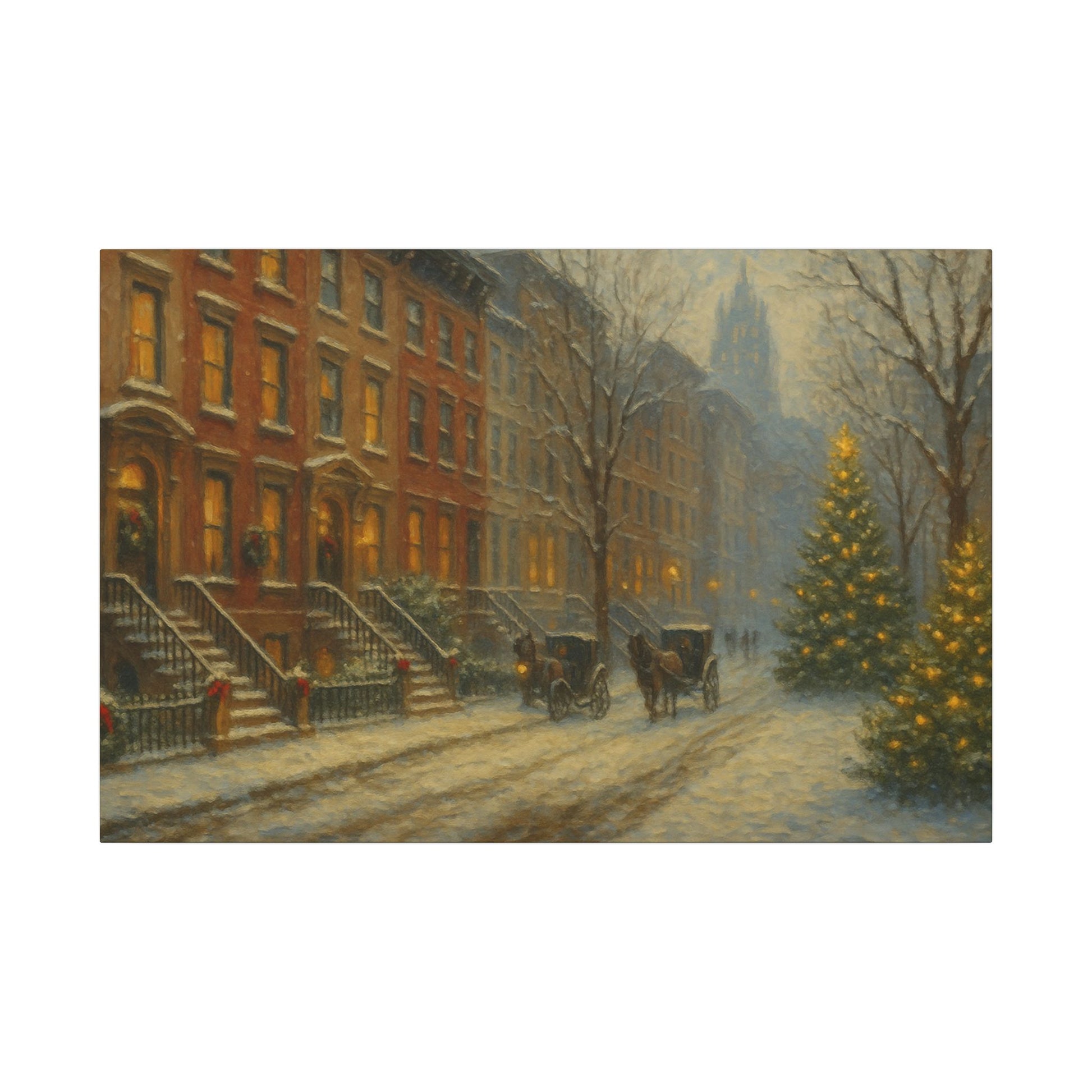 Painting of a snowy street scene with horse-drawn carriages and a Christmas tree.
