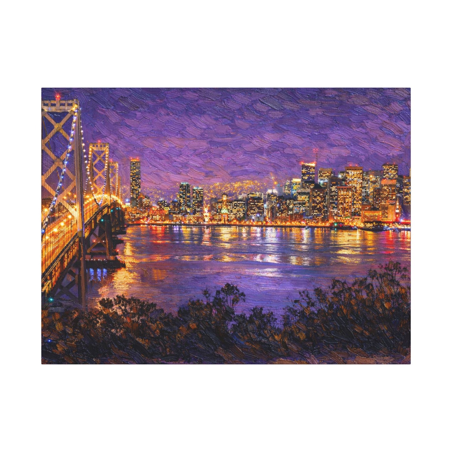 San Francisco Skyline Canvas Wall Art, Bay Bridge Night Painting, Impasto Style Artwork