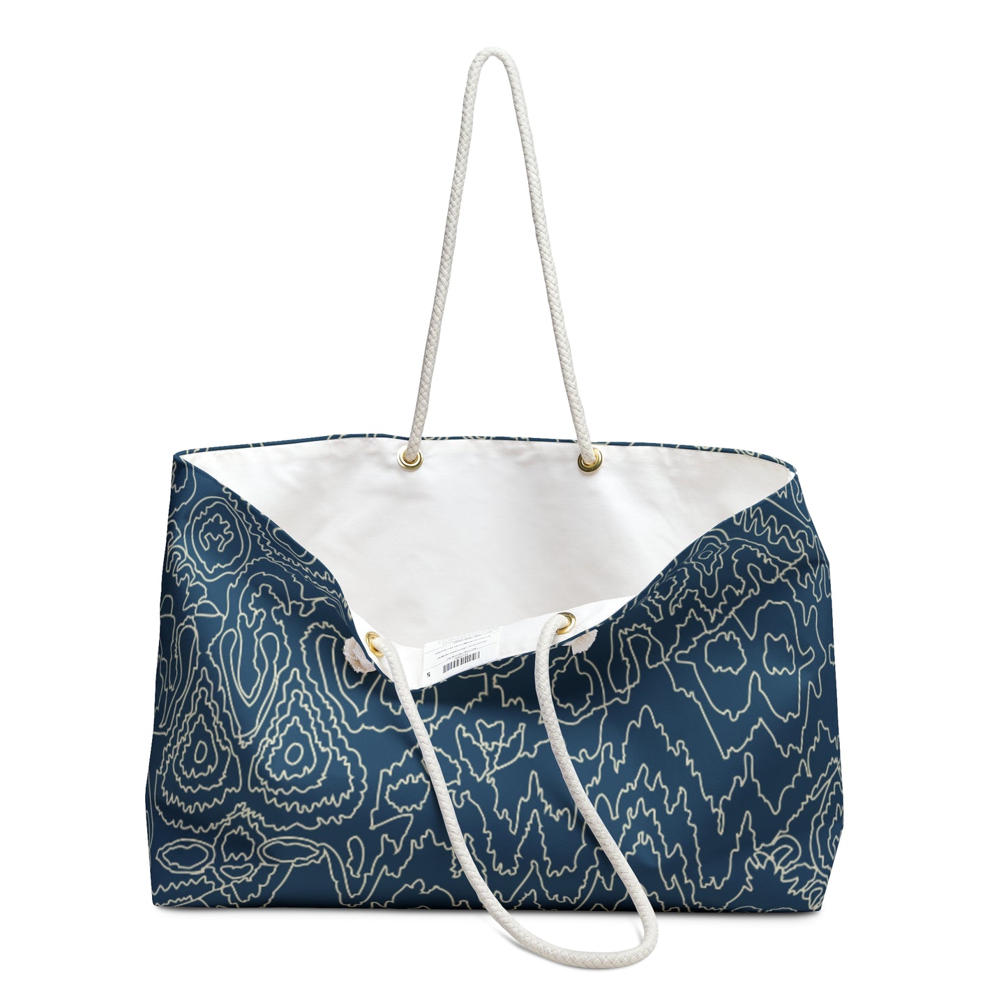 Blue patterned tote bag with white drawstring on a white background