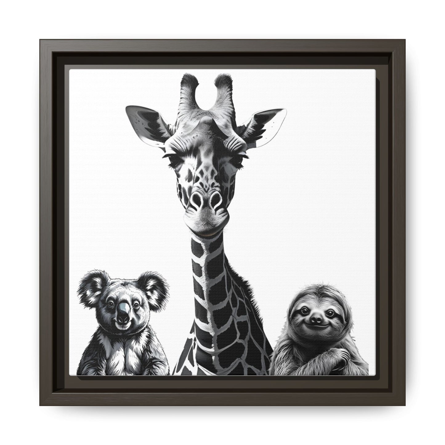Framed artwork of a giraffe, koala, and sloth on a white background