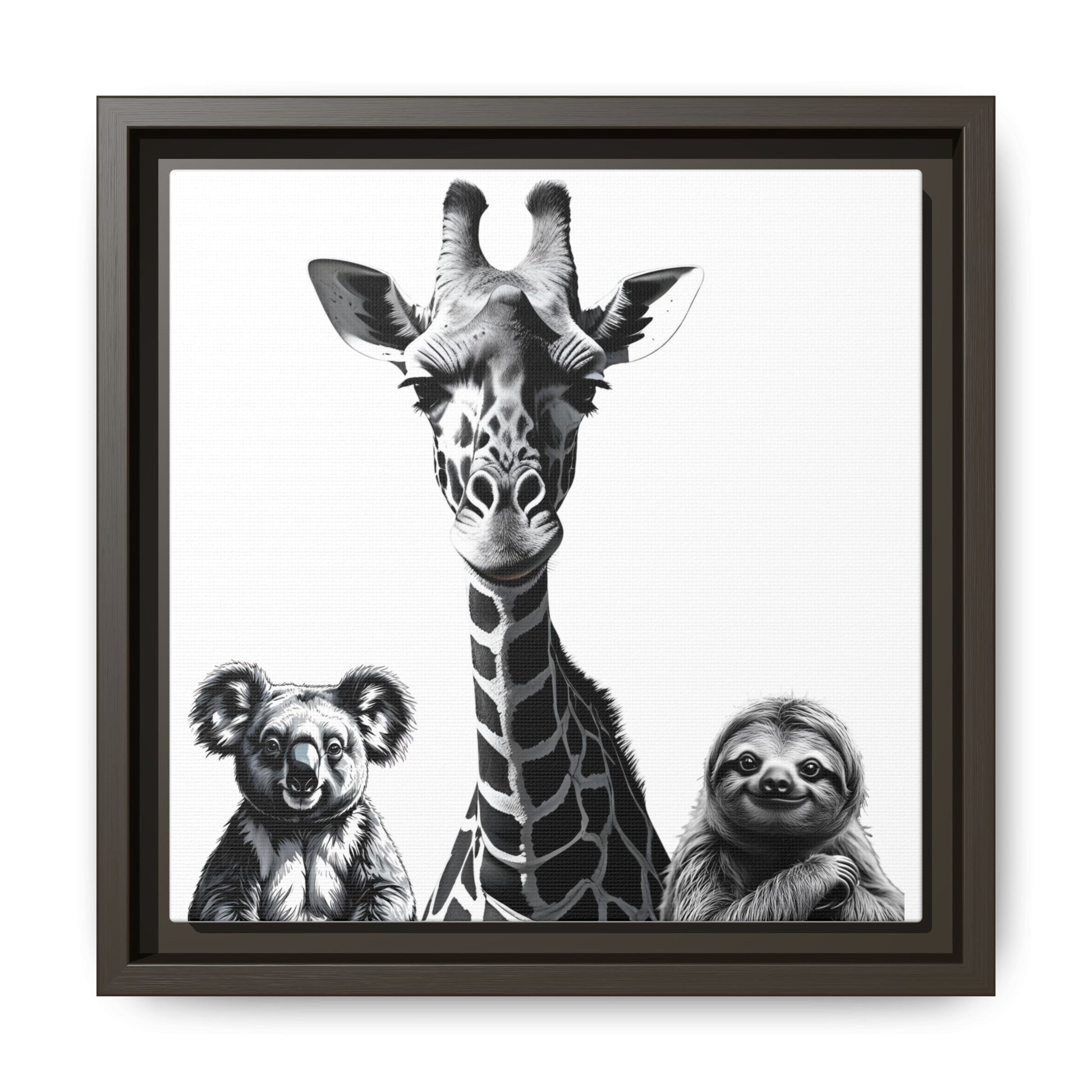 Framed artwork of a giraffe, koala, and sloth on a white background