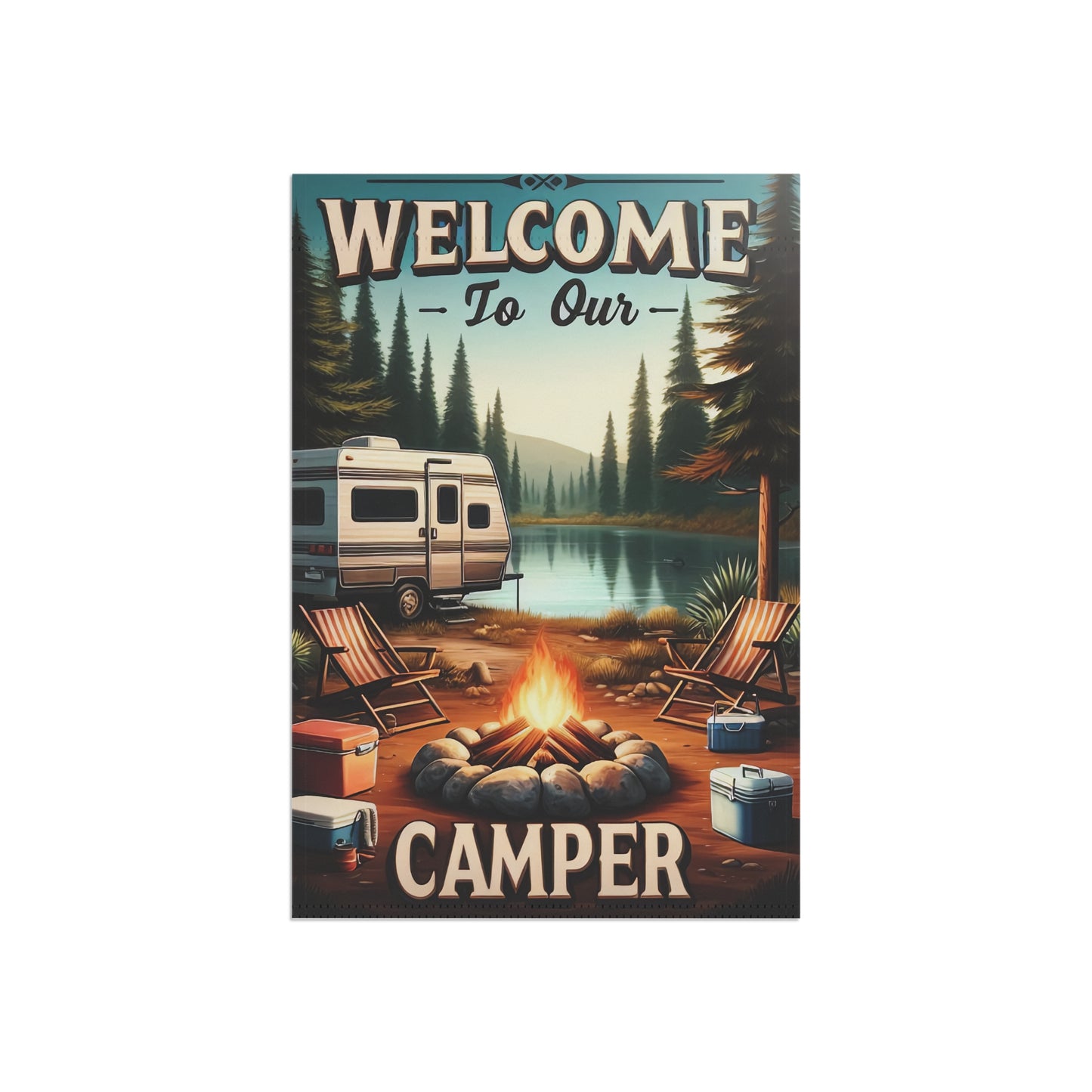Decorative sign with a camping scene, camper, campfire, and chairs with 'Welcome to Our Camper' text.
