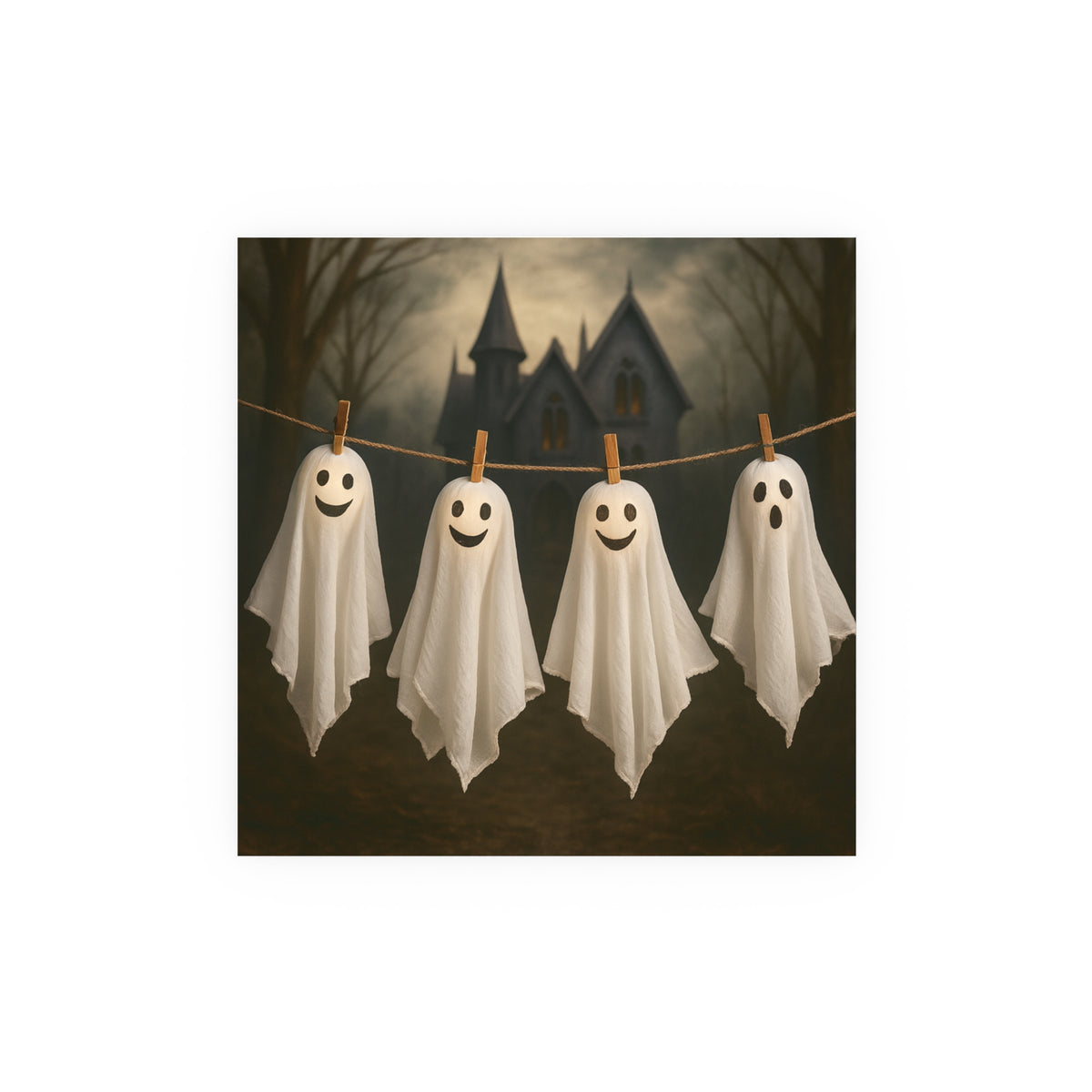 Four white ghost decorations with simple black face details hang from a string on wooden clothespins against a dark, spooky haunted-house background.