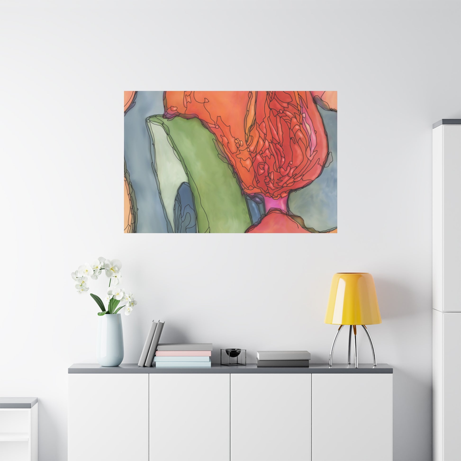 Colorful abstract painting on a white wall above a shelf with decor items.