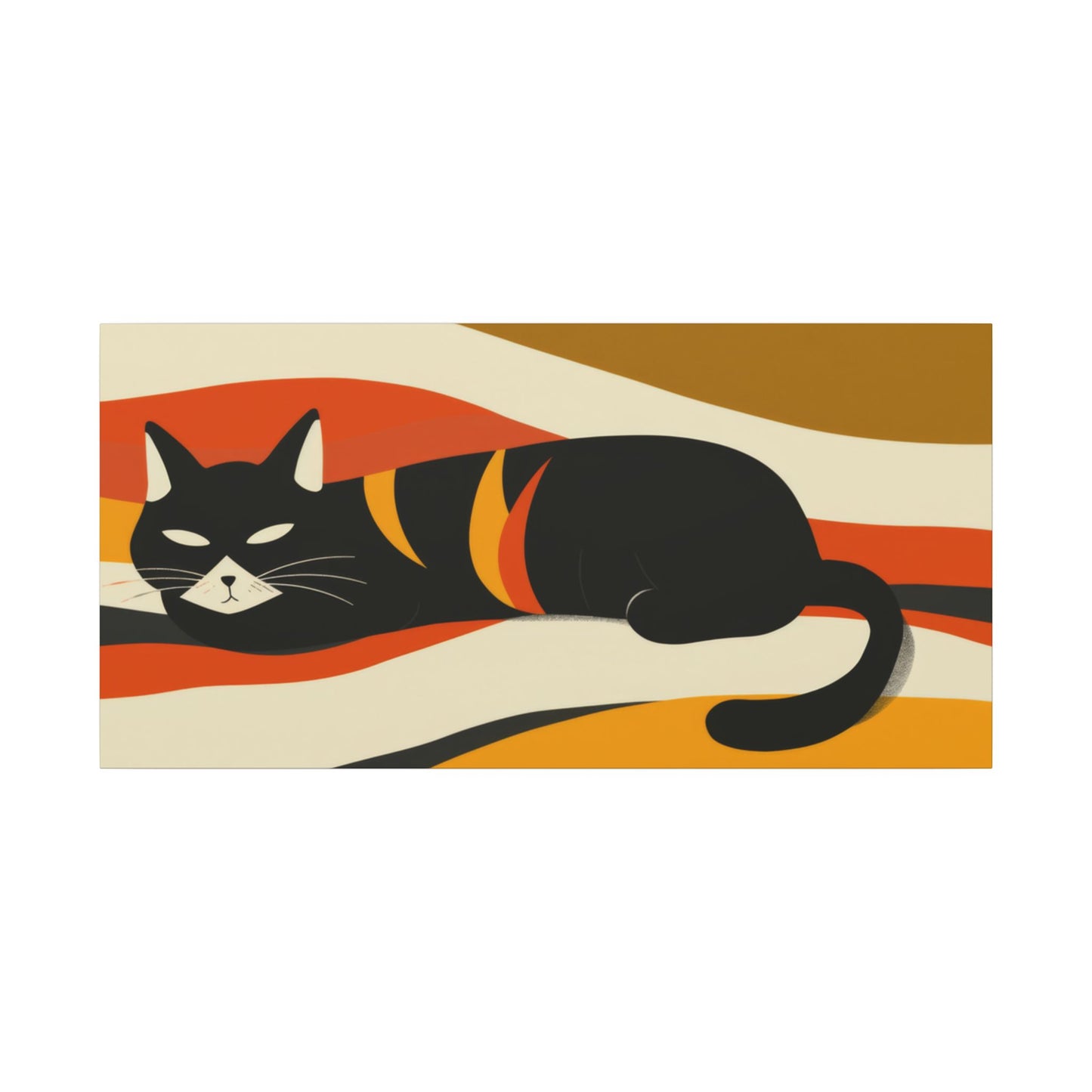 Illustration of a black cat with orange stripes on a striped background