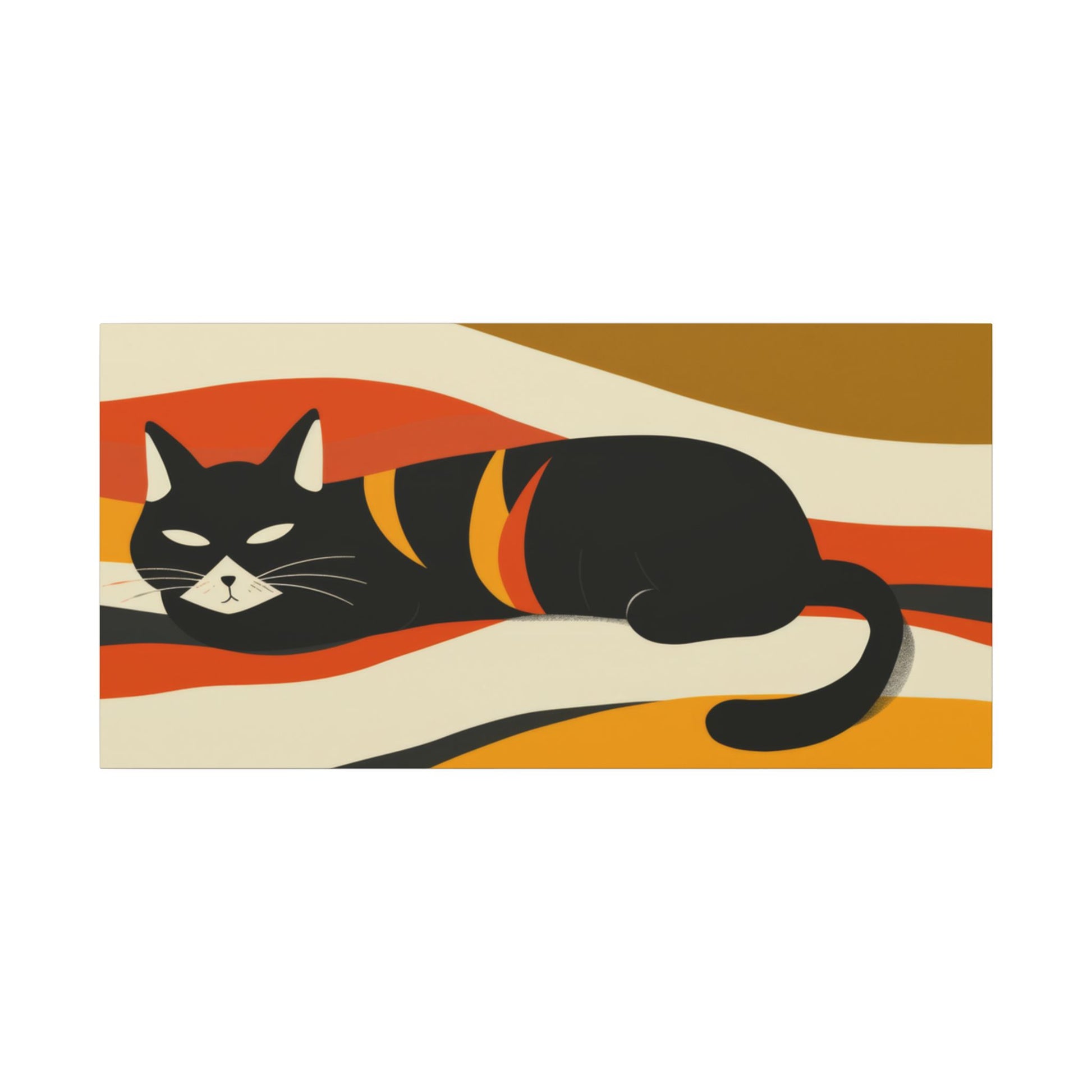 Illustration of a black cat with orange stripes on a striped background