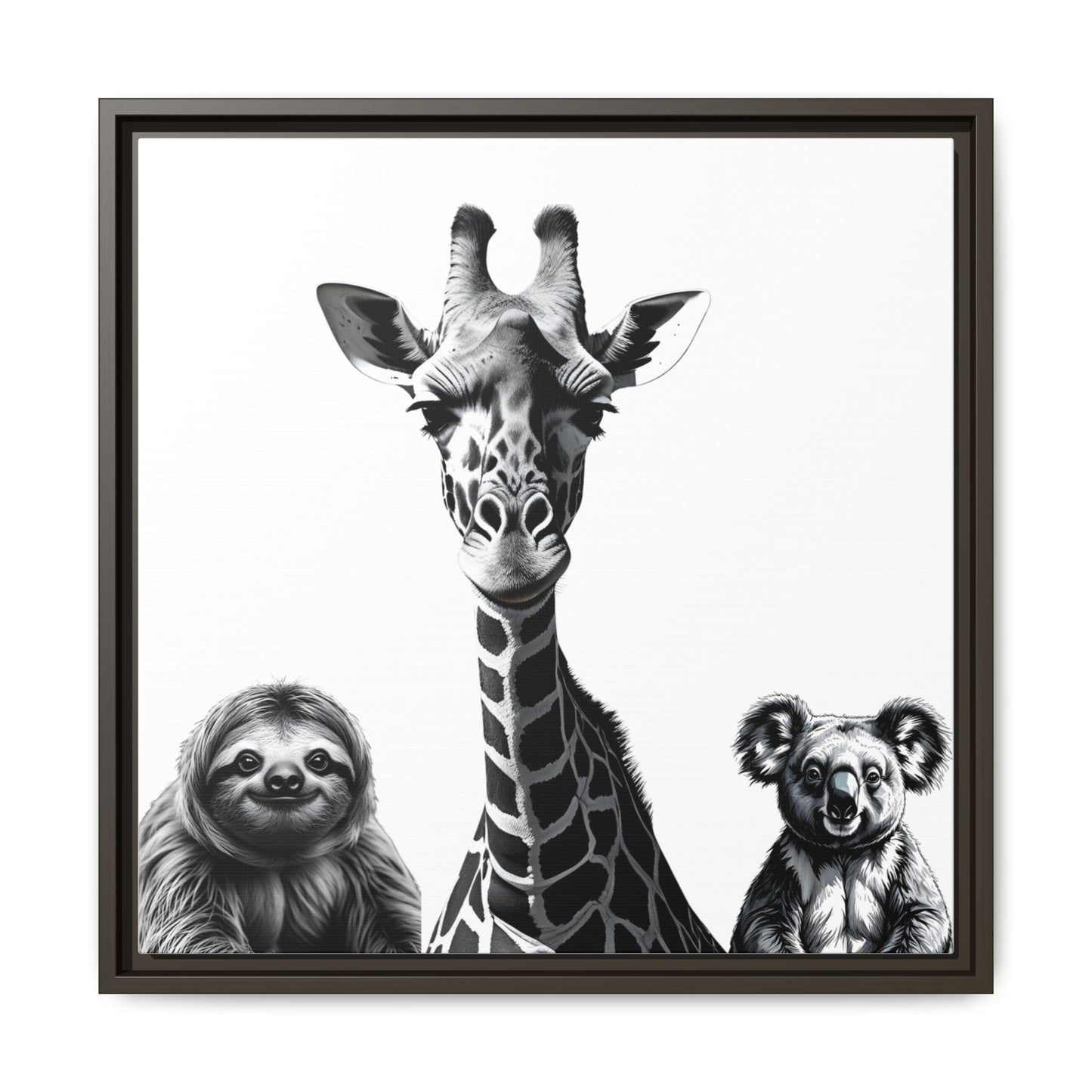framed playful animal giraffe, sloth, koala print