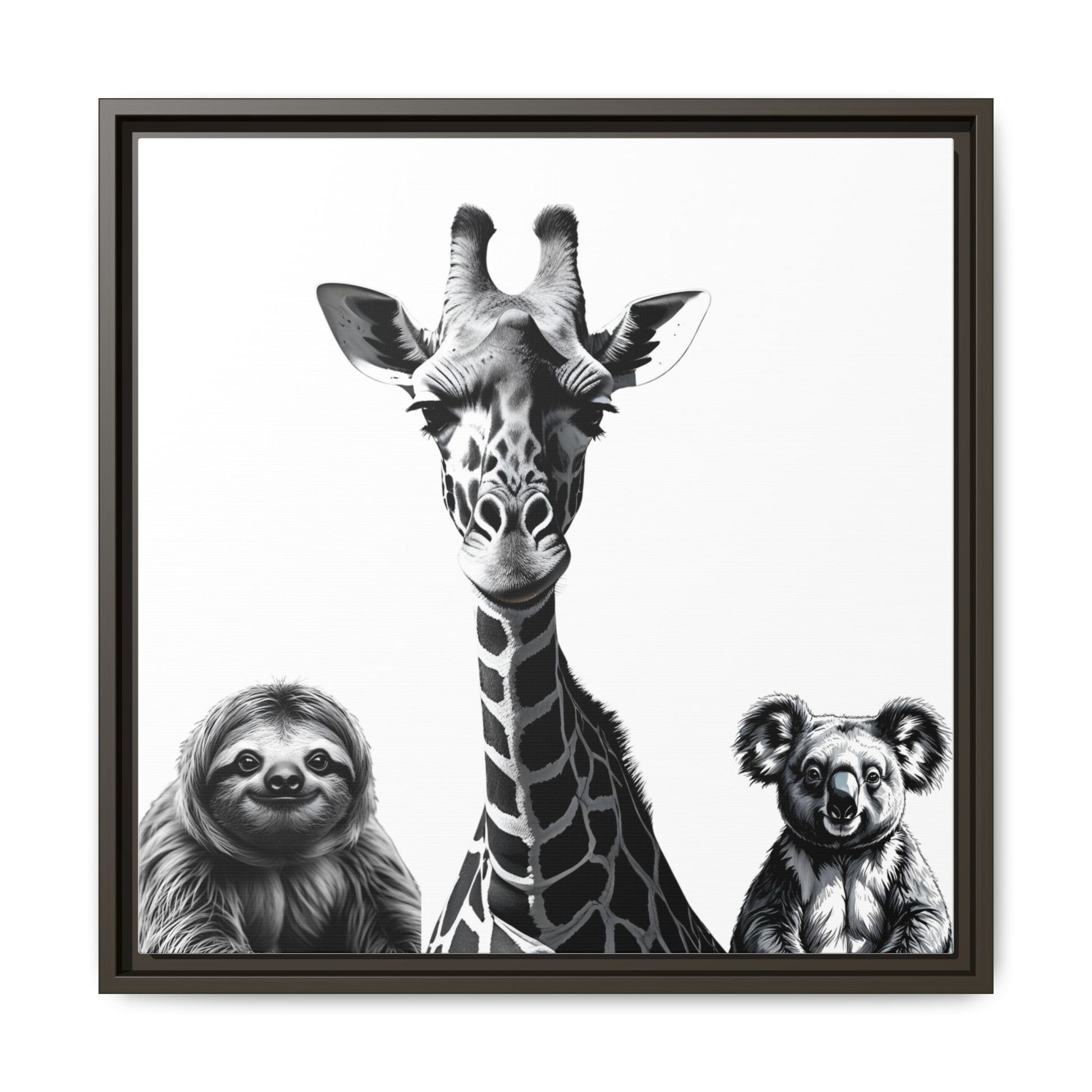 framed playful animal giraffe, sloth, koala print
