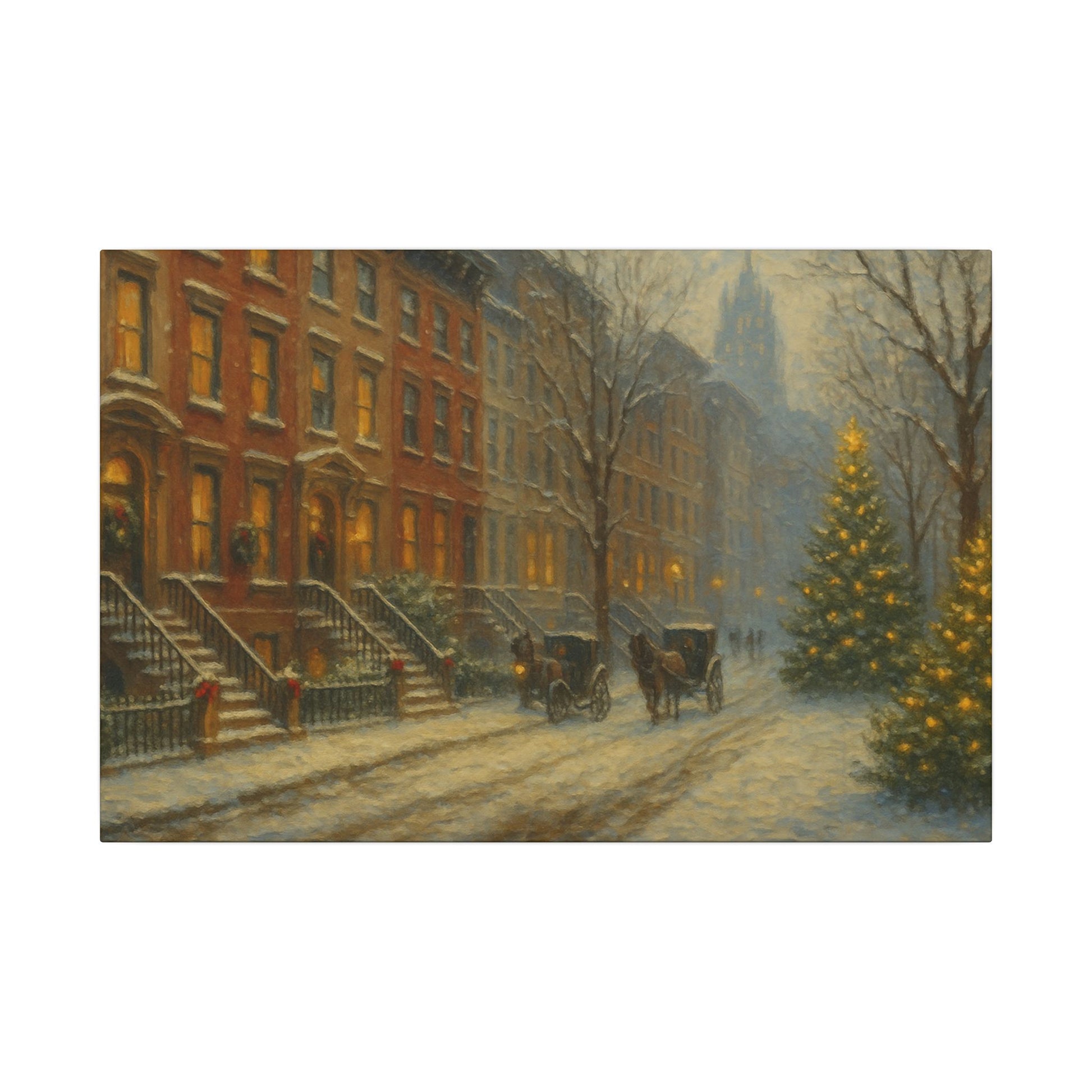 Vintage-style painting of a snowy street scene with a Christmas tree and horse-drawn carriages.