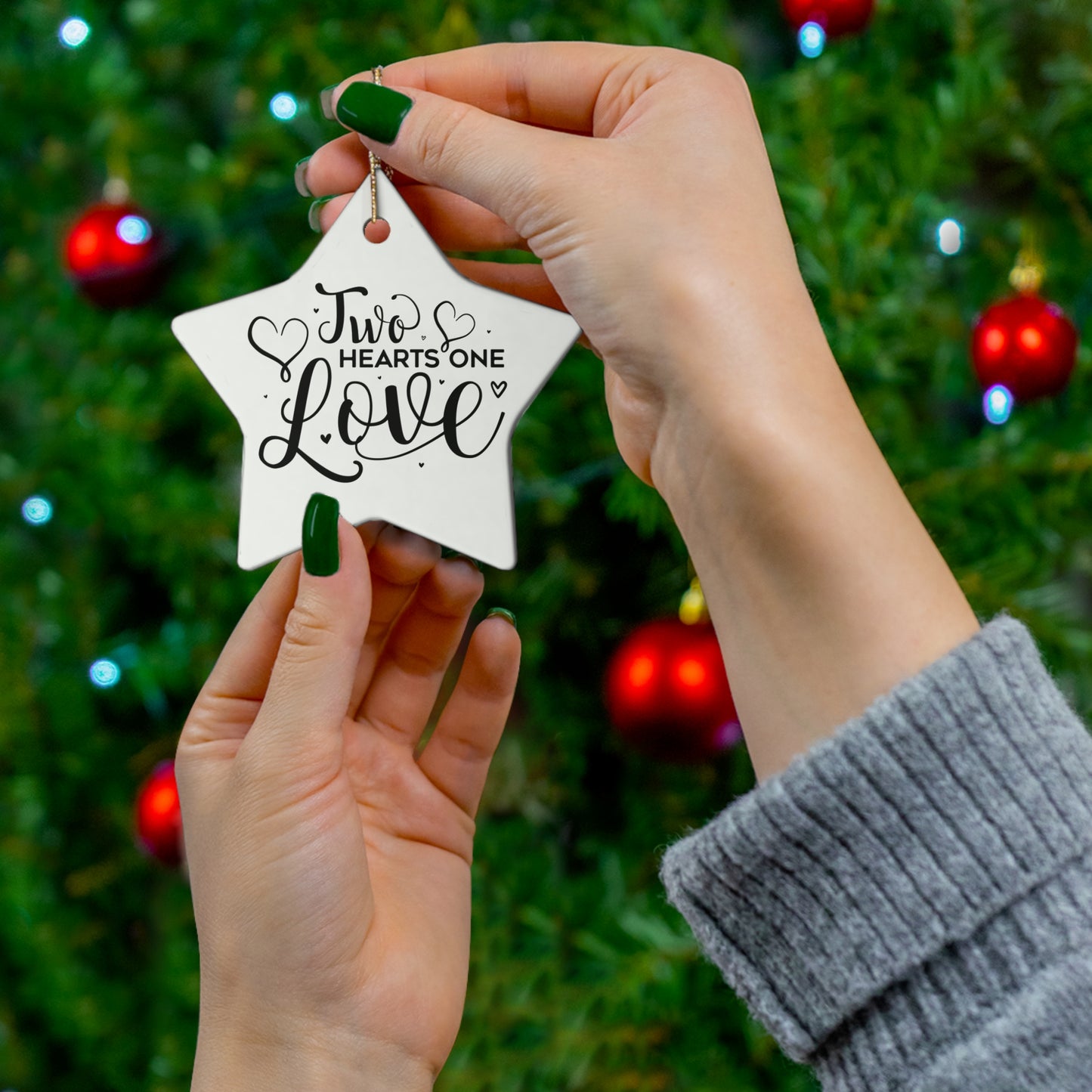 Two Hearts One Love Ceramic Ornament — Heart-Shaped Couples Keepsake