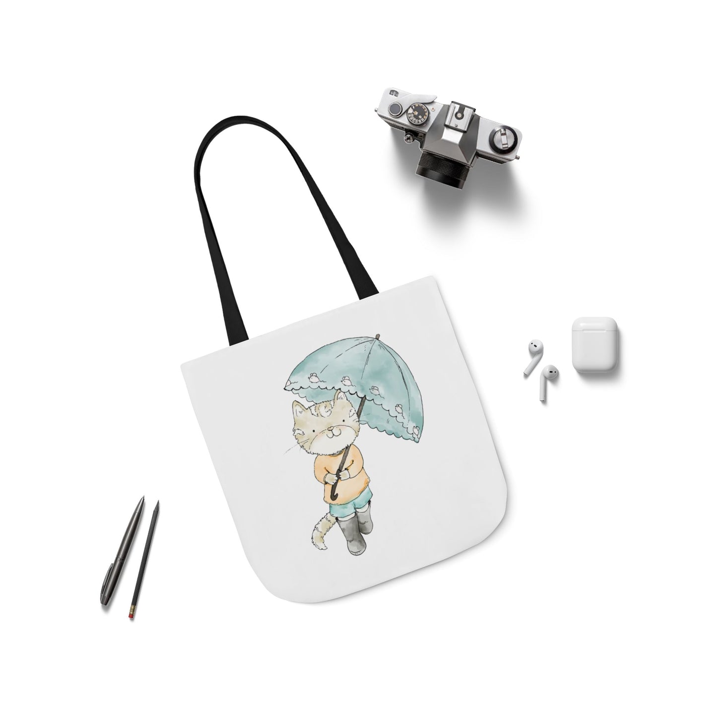 Cat Lover Tote Bag Cute Kitty with Umbrella Rain Boots Cat Lover Eco Tote Bag