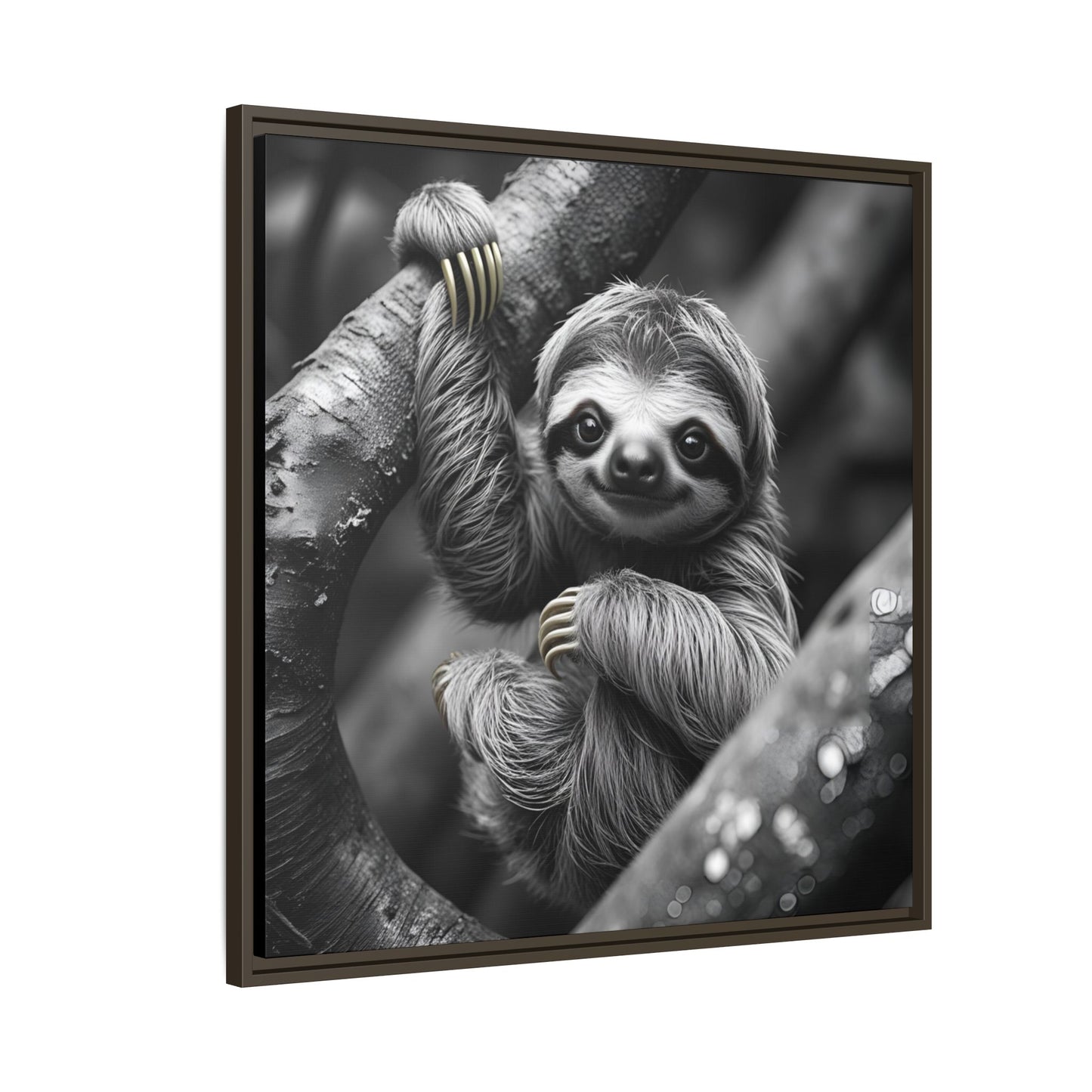 Smiling Sloth Hanging on Tree Branch Wall Art on Framed Canvas, Sloth Lover Gift, Nursery Decor, Wildlife Artwork