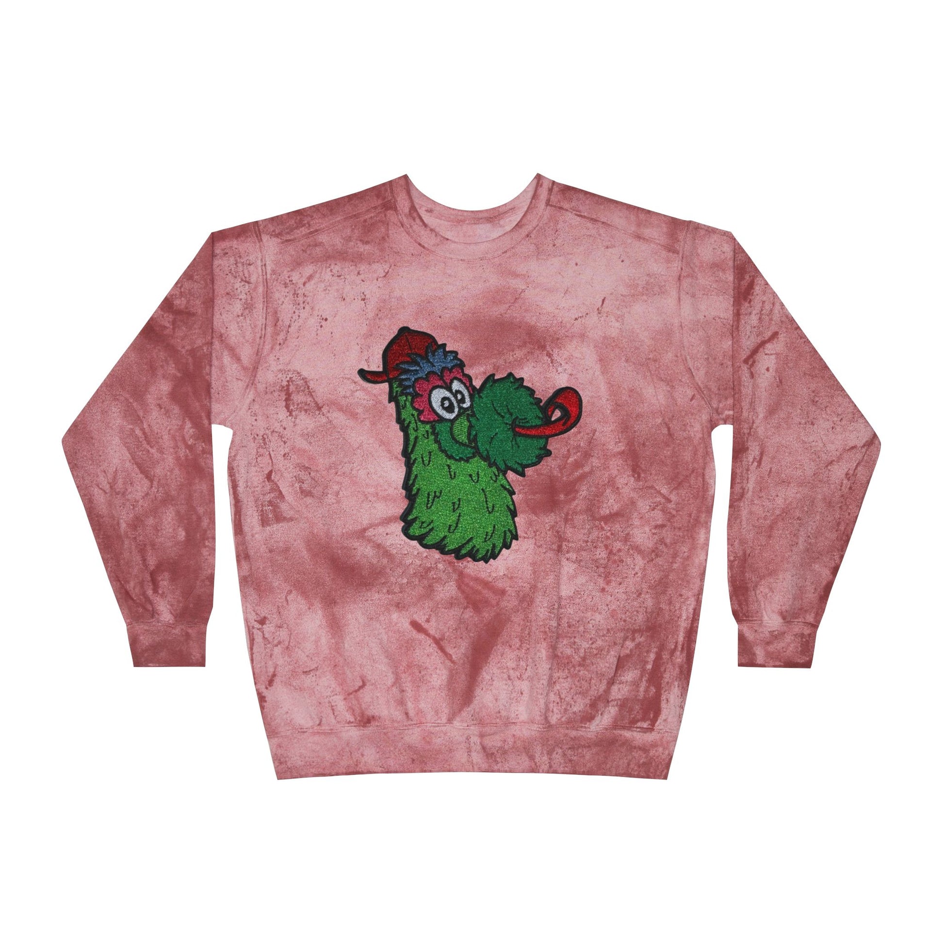 Pink tie-dye sweatshirt with a cartoon character on a white background
