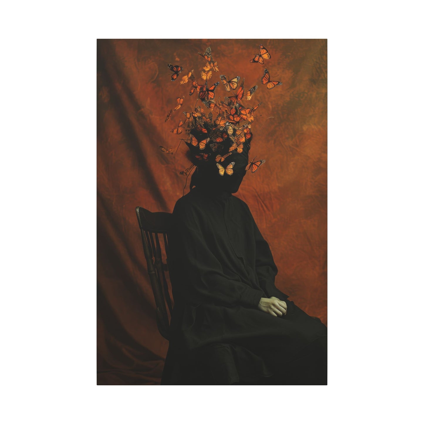 Silhouette of a person with a headpiece of flowers and butterflies against a brown background