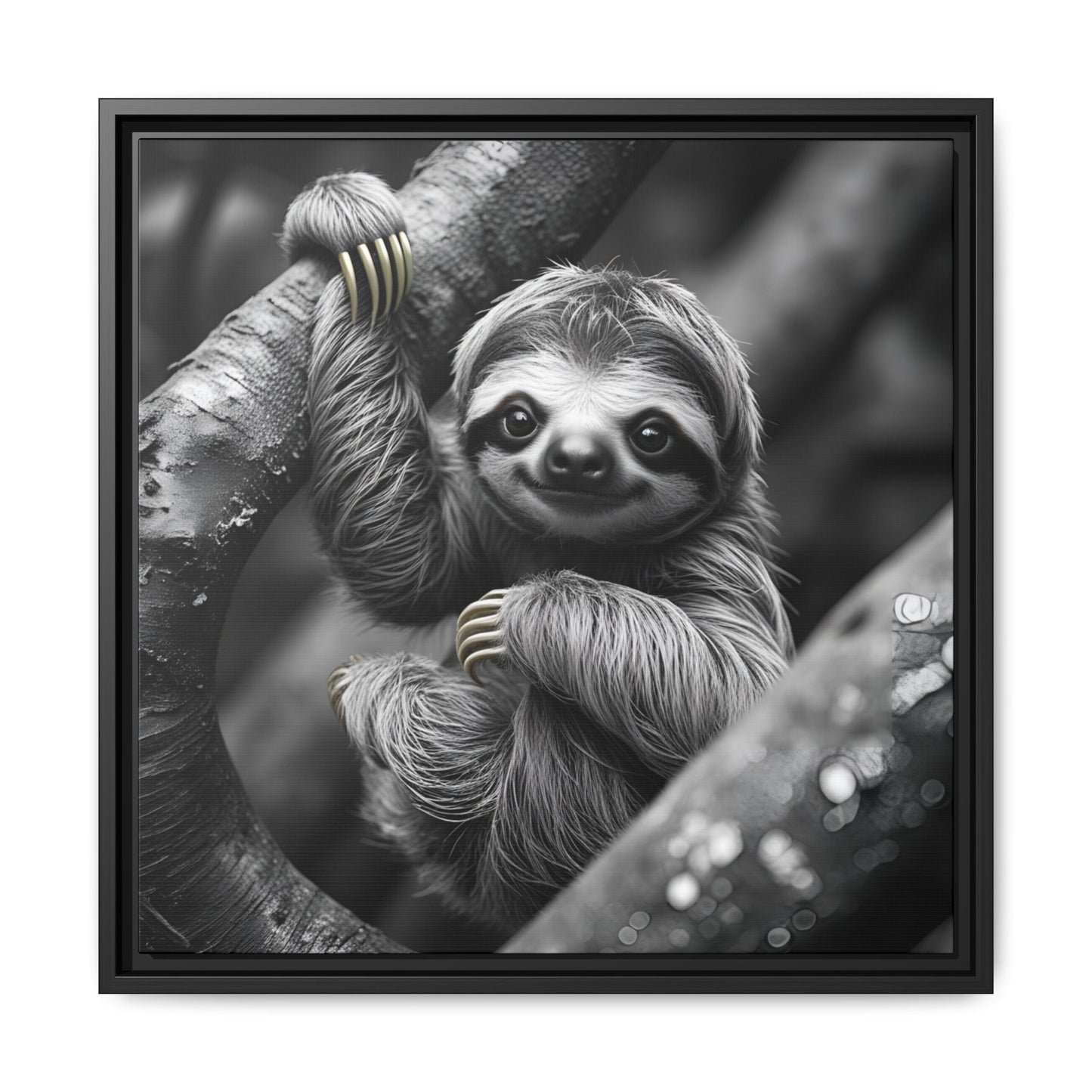 Smiling Sloth Hanging on Tree Branch Wall Art on Framed Canvas, Sloth Lover Gift, Nursery Decor, Wildlife Artwork