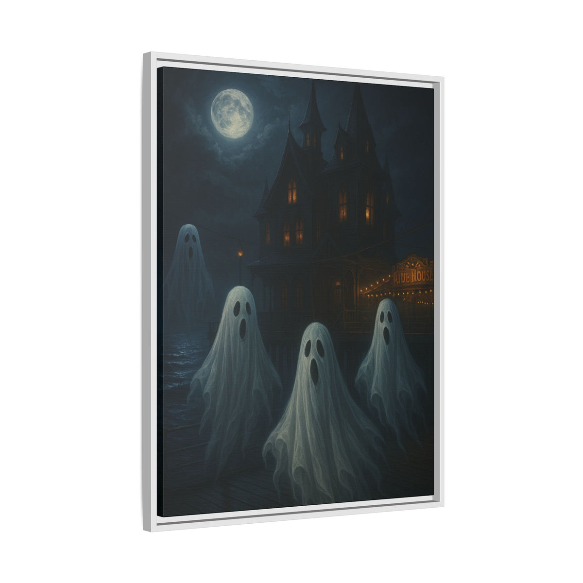 Haunted House Ghost Canvas Wall Art – Spooky Halloween Framed Art, Vintage Horror Decor, Gothic Night Scene Print
