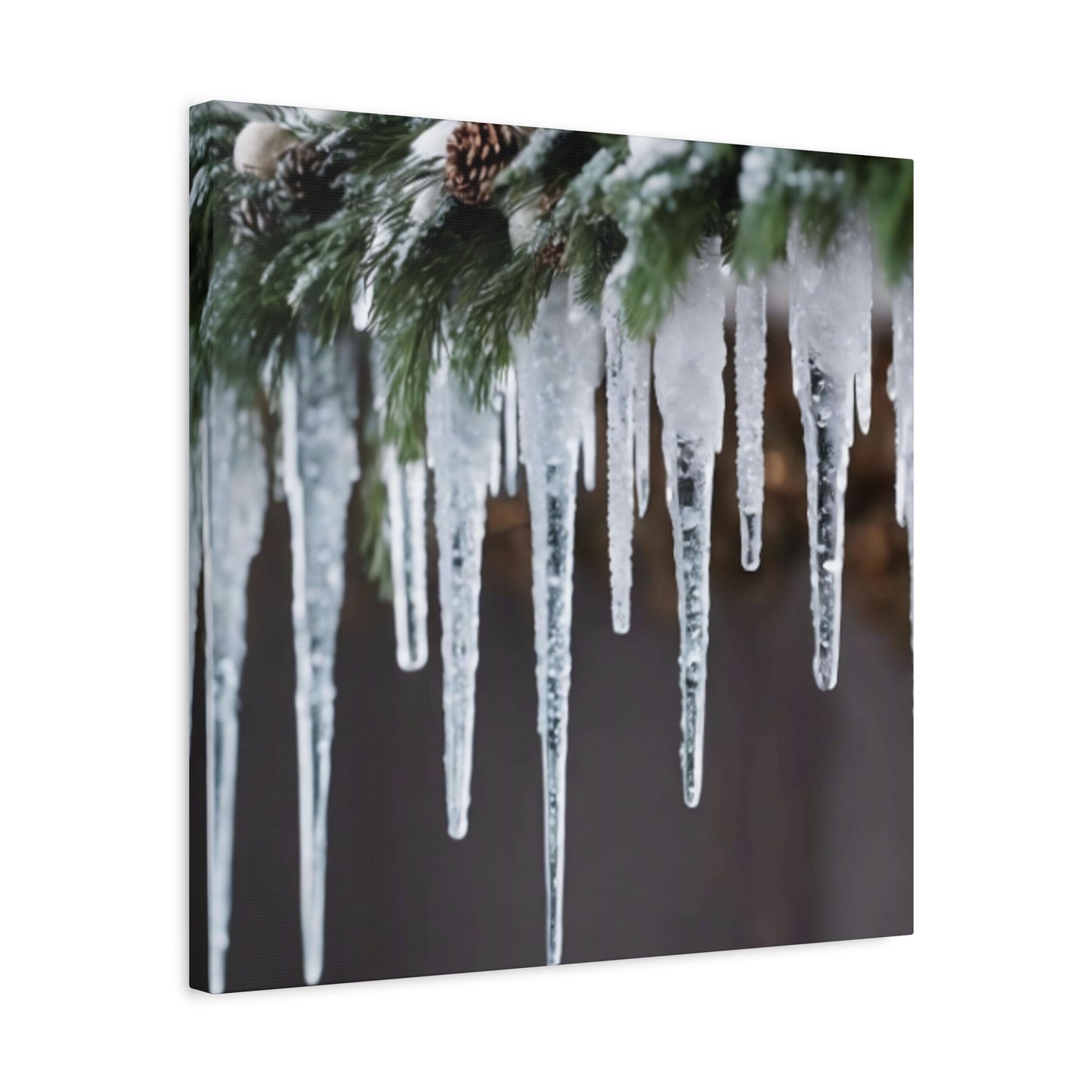 Winter Icicles Pine Branch Canvas Art: Holiday Home Decor, Stretched, 1.25"