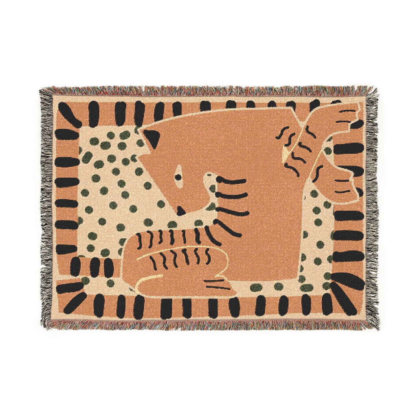 Woven blanket with a cat design on a white background