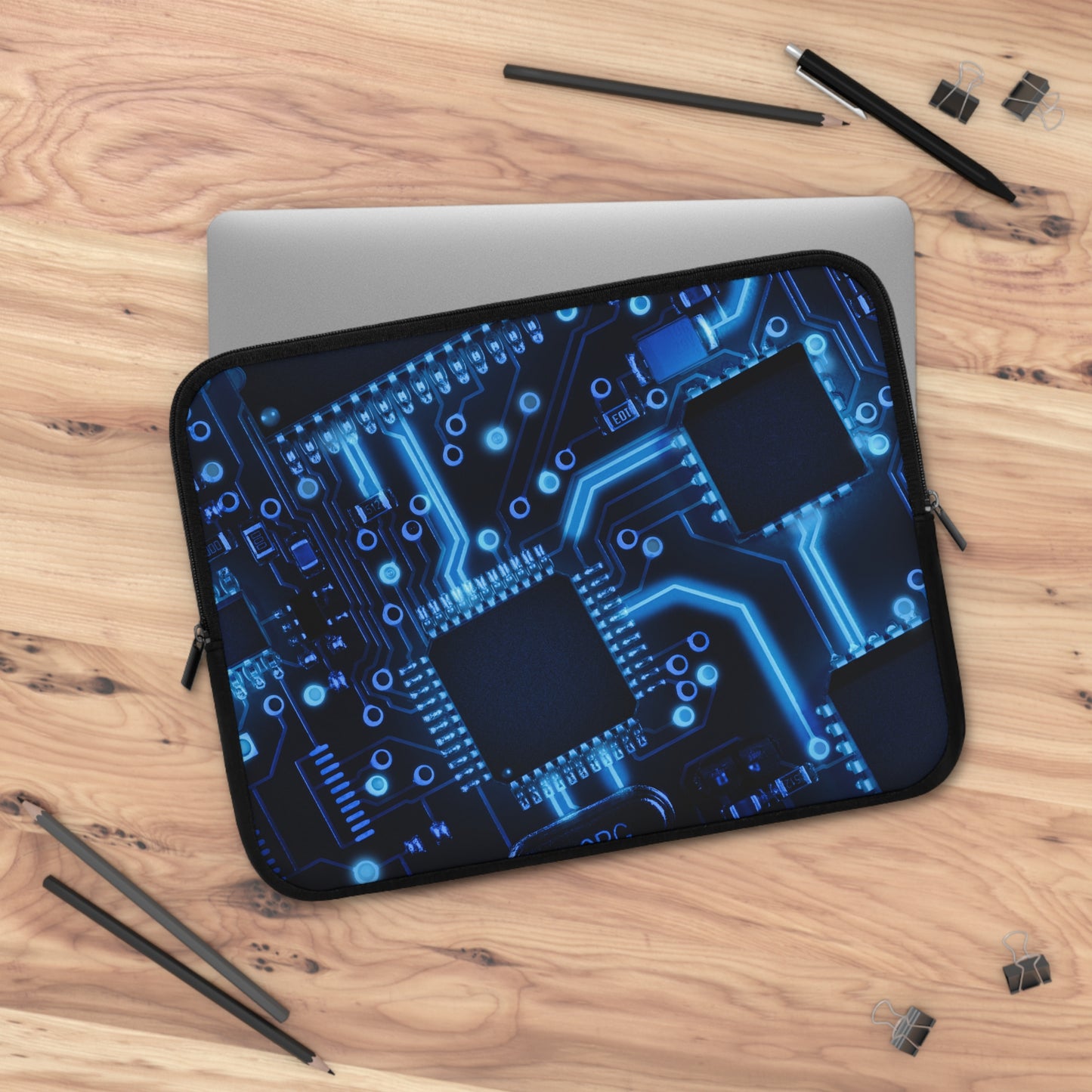 Blue Abstract Laptop Sleeve, Modern Circuit Board Case, Stylish Protective Cover